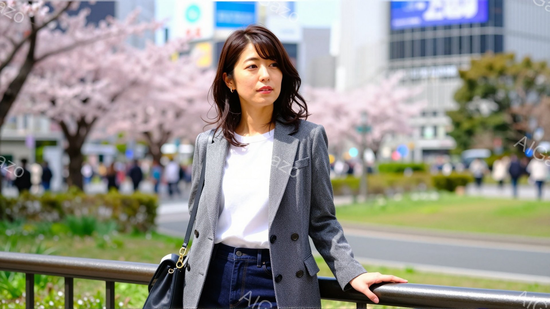 画像には、明るい笑顔を浮かべた若い女性が写っています。彼女は、白いTシャツにグレーのジャケット、そして濃い色のデニムショートパンツというカジュアルな服装で、肩に黒いショルダーバッグをかけています。背景には、桜並木と高層ビルが見え、春の穏やかな日差しが感じられる、華やかな雰囲気です。