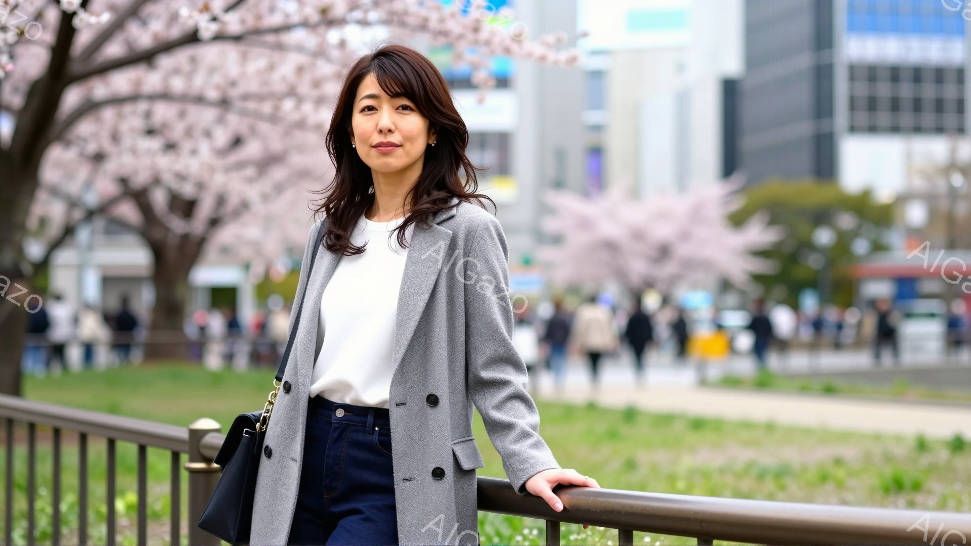 画像には、灰色のコートと濃い色のジーンズを着た女性が写っています。彼女は軽く微笑み、左手にバッグを持ち、手すりに寄りかかって立っています。背景には桜並木が広がり、遠くには建物が見え、春の穏やかな一日で - AI生成フリー素材