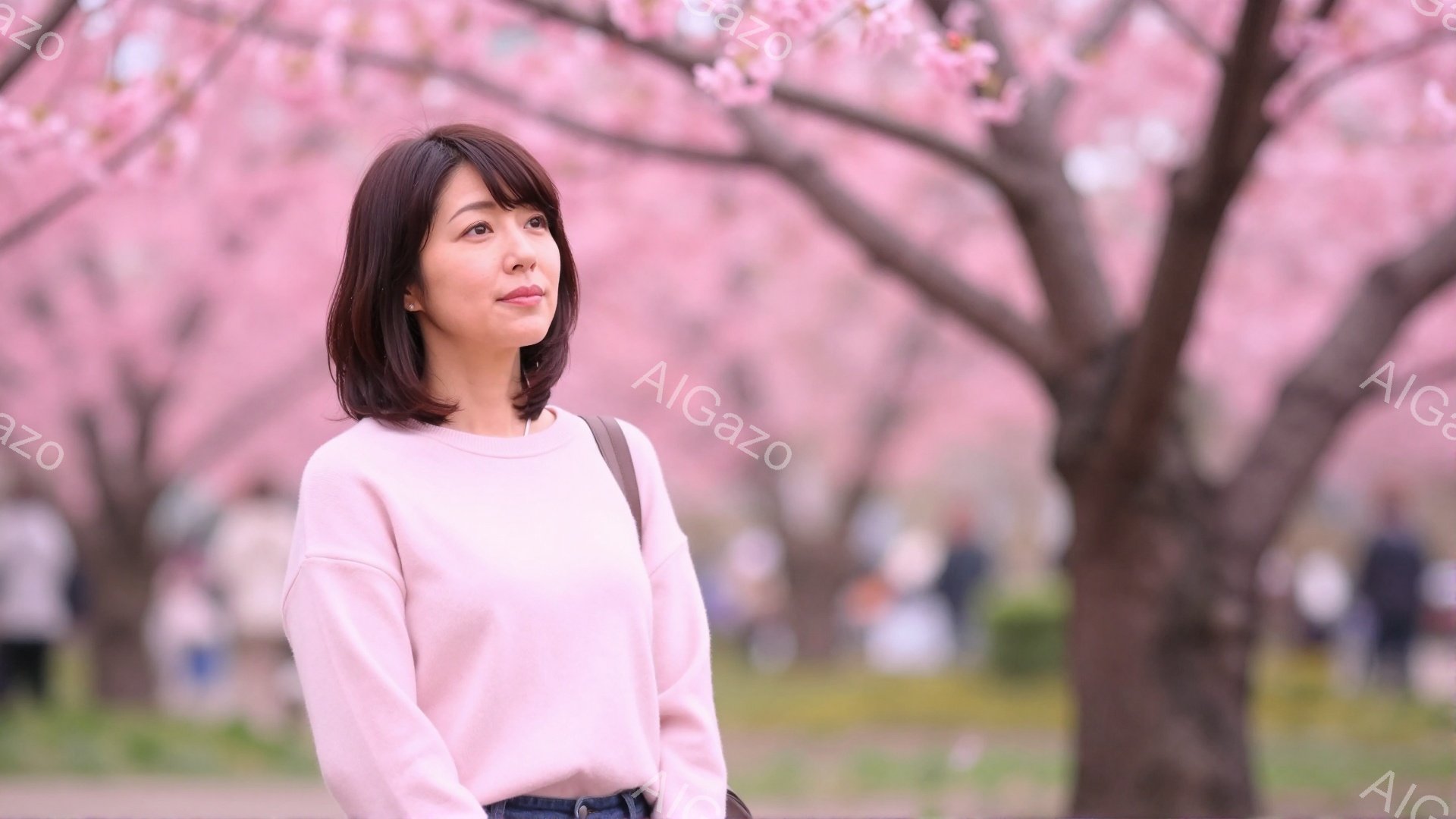 彼女は薄いピンク色のセーターを着ており、肩にバッグをかけている。少し微笑んでおり、どこか遠くを見つめている様子が穏やかな印象を与える。背景には桜が満開の公園が広がり、春の暖かく優しい雰囲気を醸し出して - AI生成フリー素材