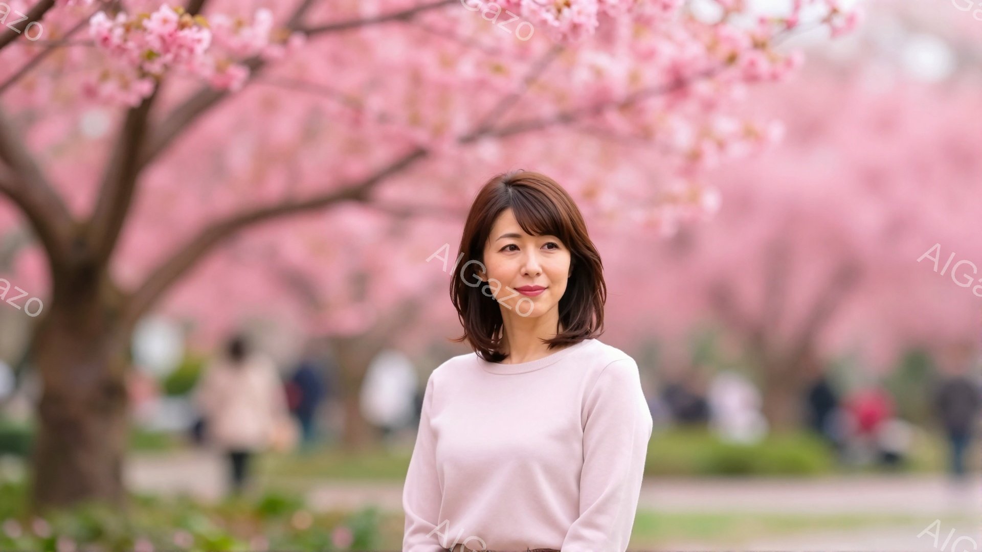 画像には、桜並木を背景に立つ女性が写っています。彼女は薄いピンク色のセーターを着ており、肩までの長さの茶髪をしています。穏やかな微笑みを浮かべ、リラックスした姿勢で正面を見つめています。