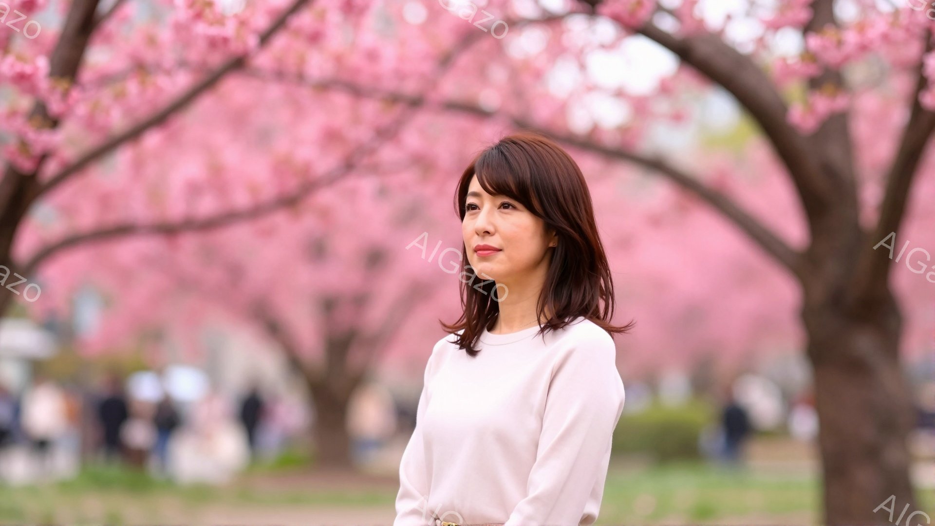 画像には、桜並木を背景に立つ女性が写っています。彼女は薄いピンク色のセーターを着ており、肩までの長さの茶髪が特徴的です。穏やかな表情で、少し上を見ている様子から、春の暖かさと桜の美しさを楽しんでいる様 - AI生成フリー素材