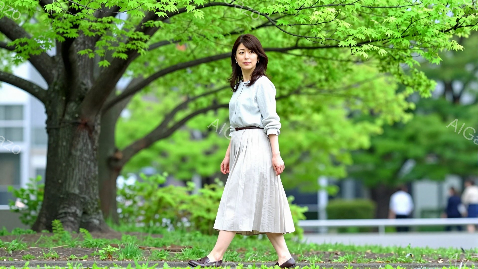 画像には、明るい緑の背景の中で、ベージュのミモレ丈スカートと薄いブルーのシャツを着た女性が写っている。彼女は黒のベルトと靴を合わせ、髪は肩にかかるくらいの長さで、穏やかな表情をしている。背景には建物や木々が見え、春または夏の晴れた日の穏やかな散歩の様子を表している。