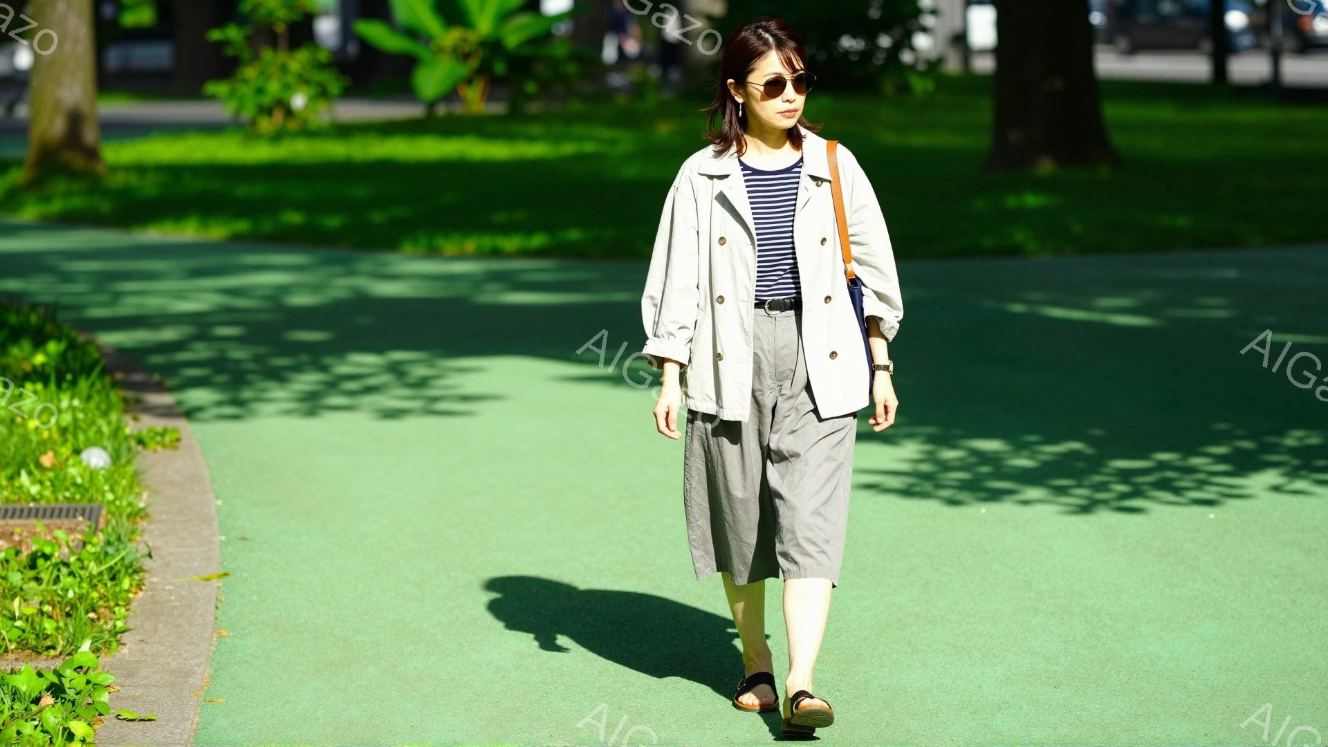 画像には、緑色の道の上を歩く女性が写っています。彼女はストライプのトップスに、ベージュのジャケットとグレーのショートパンツを着用し、黒いサンダルを履いています。日差しが強く、彼女の影が地面に伸びています。