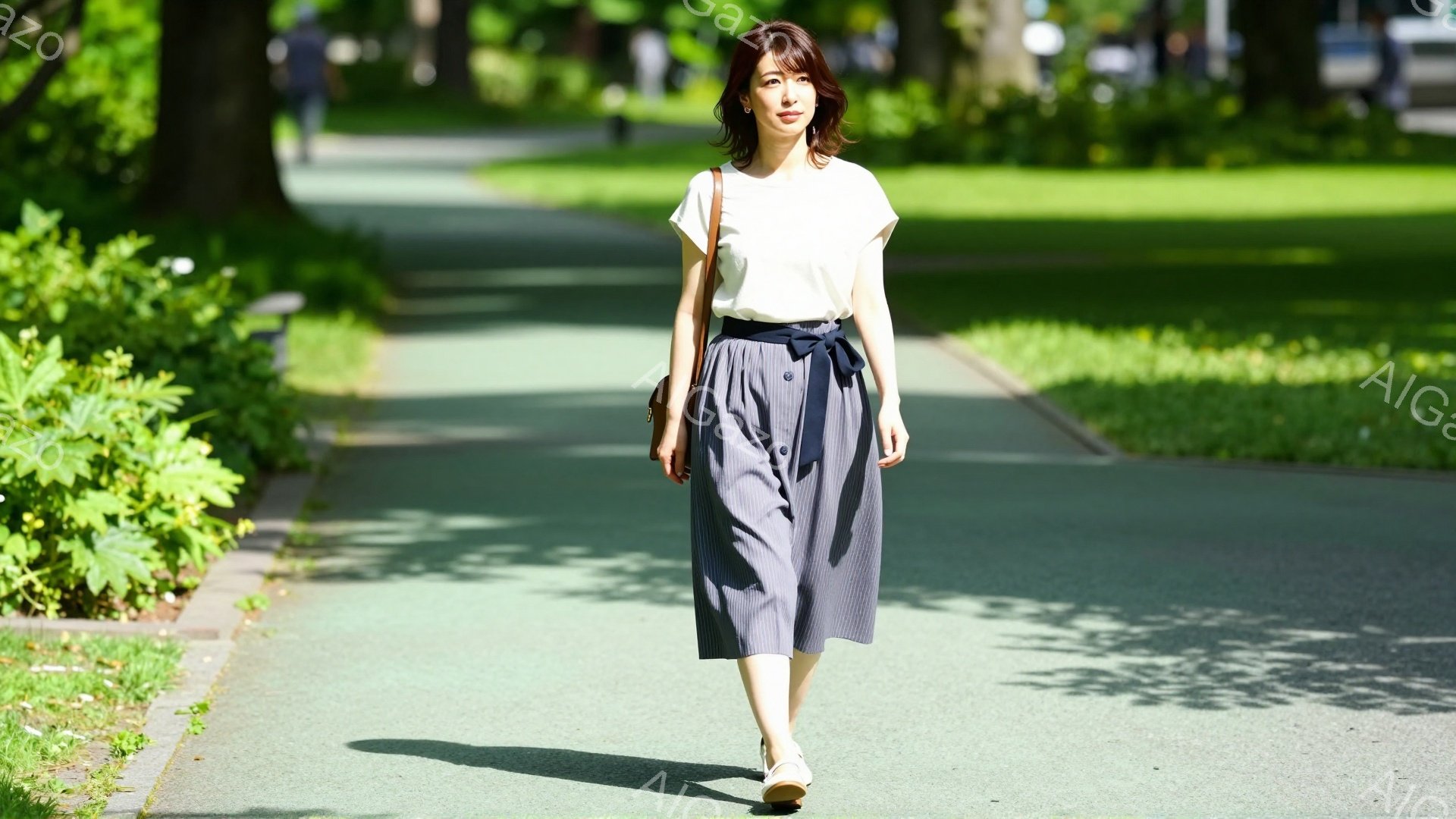 画像には、緑の遊歩道を歩く女性が写っています。彼女は白い半袖シャツにネイビーのプリーツスカート、そしてベージュのバッグと靴を身に着けており、髪は肩にかかる程度の長さで、表情は穏やかです。背景には緑豊か - AI生成フリー素材