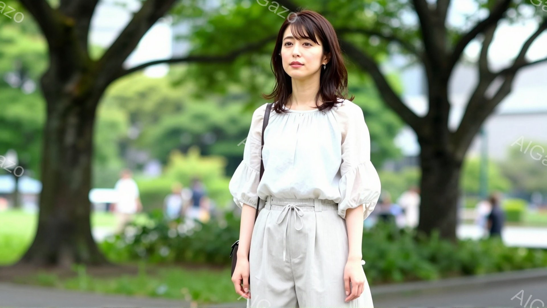 画像には、明るい緑の背景の中で、ベージュのゆったりとしたブラウスとパンツを着用した若い女性が写っています。彼女は肩までの長さのダークブラウンの髪をしており、少し微笑んでいます。背景には木々や人々が見え - AI生成フリー素材