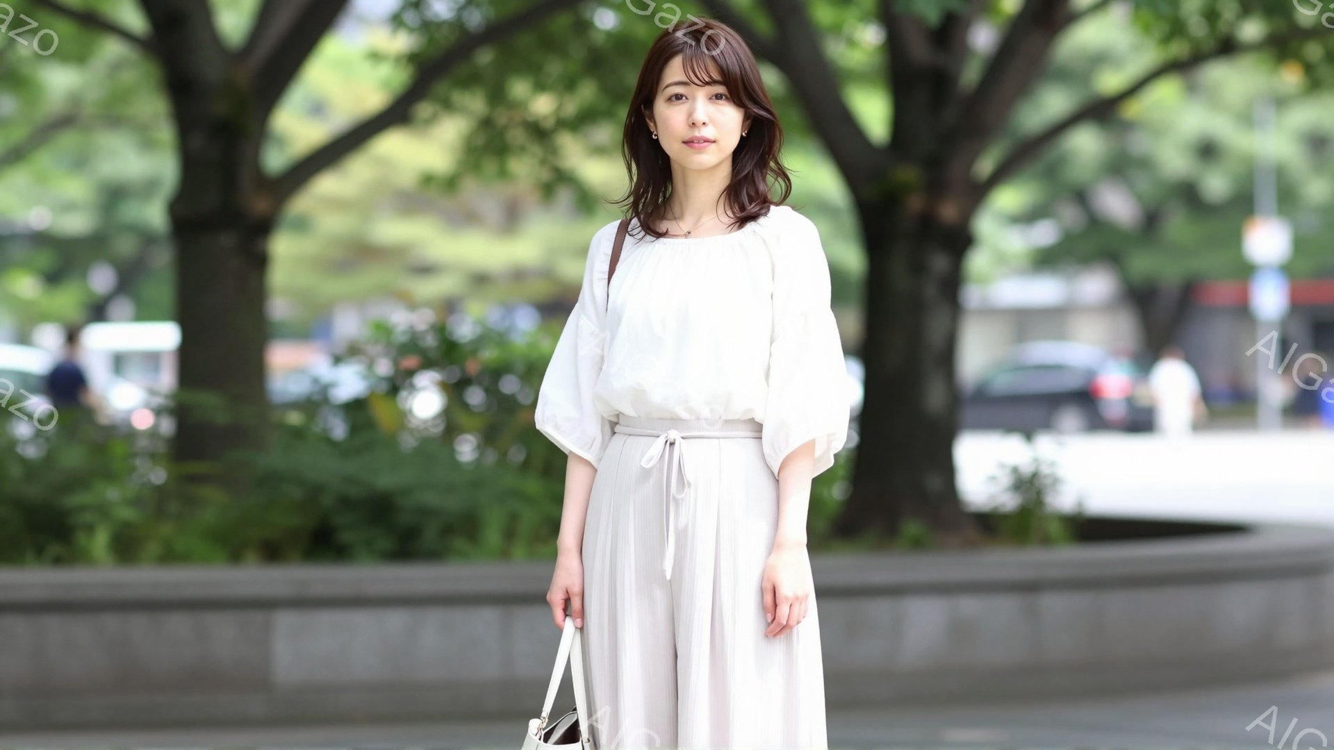 長い髪を肩のあたりで軽くカールさせた女性が、ベージュのゆったりとしたパンツと白いブラウスを着ています。彼女は少し微笑んでおり、落ち着いた表情をしています。背景には緑豊かな木々と、ぼやけた道路と建物が見 - AI生成フリー素材