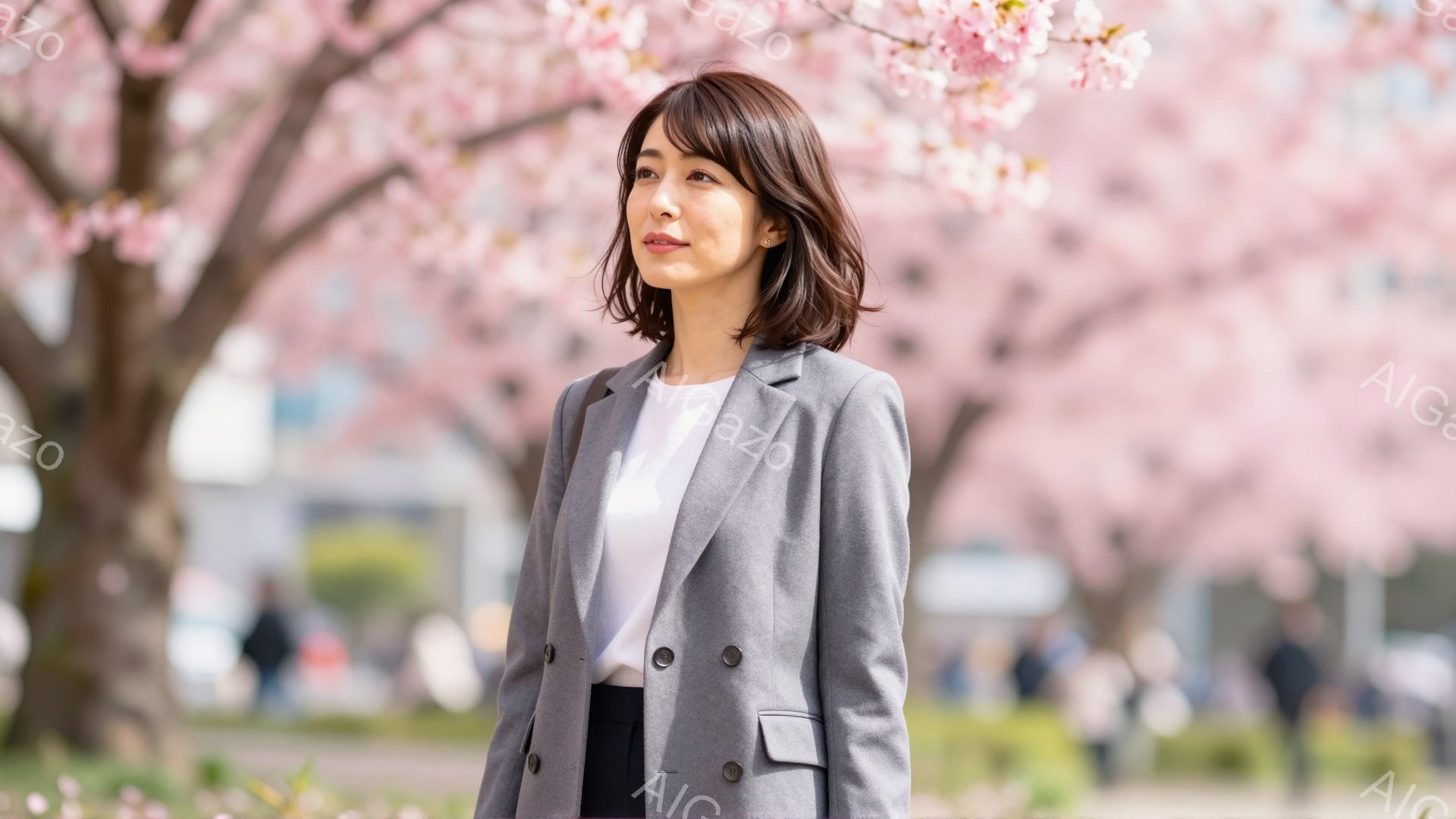 若い女性が桜並木の風景の中で、グレーのジャケットと白いTシャツ、黒いパンツという服装で立っている。彼女は少し横を向き、リラックスした表情で遠くを見つめている。背景にはぼやけた人物や建物が見え、春らしい - AI生成フリー素材