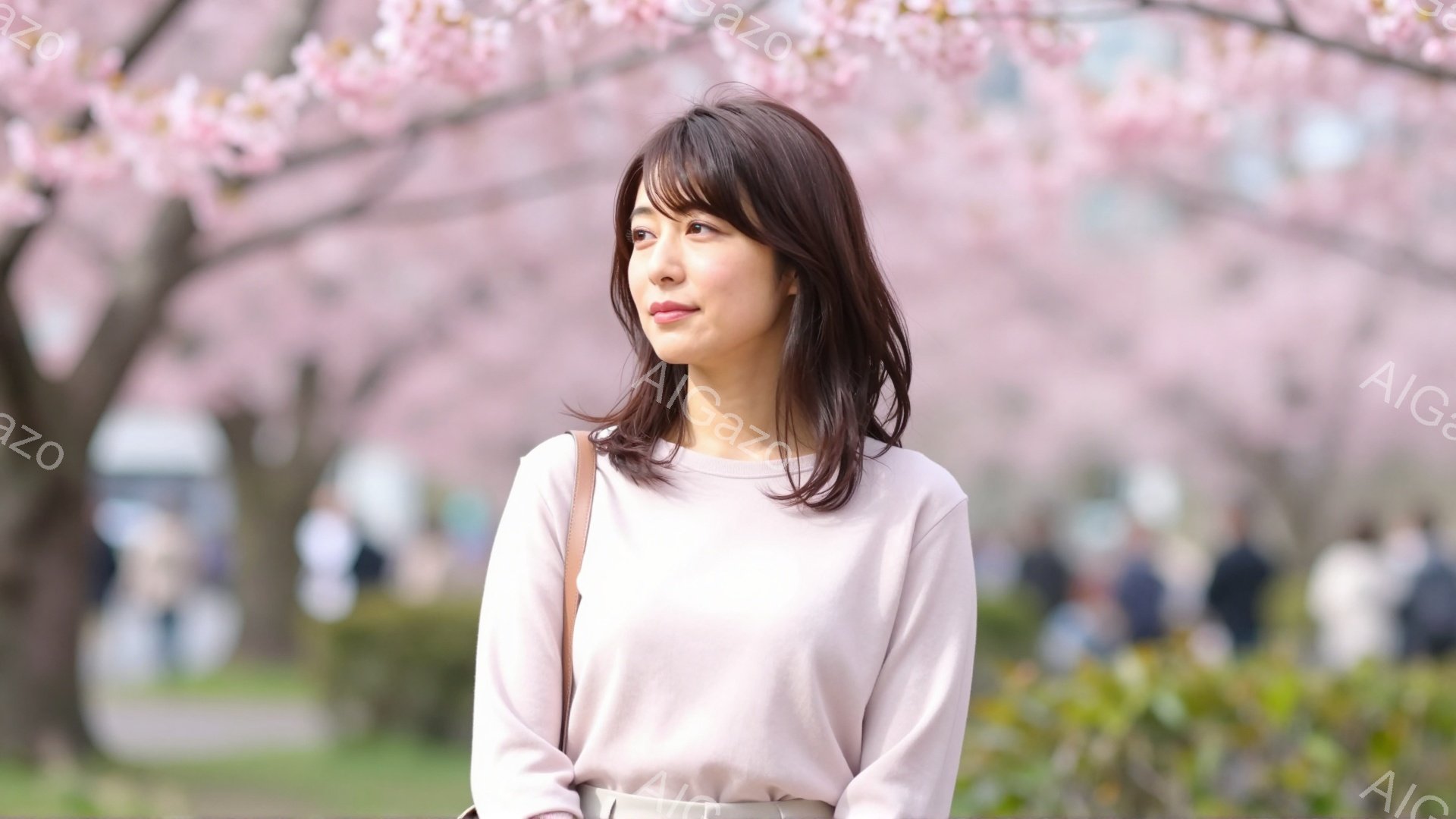 若い女性が、薄いピンク色の長袖シャツとベージュ色のスカートを身に着けて立っています。彼女は肩までの長さのダークブラウンの髪で、少し微笑んでいます。背景には、満開の桜の木々とぼやけた人々の姿があり、春の穏やかな一日を表しています。