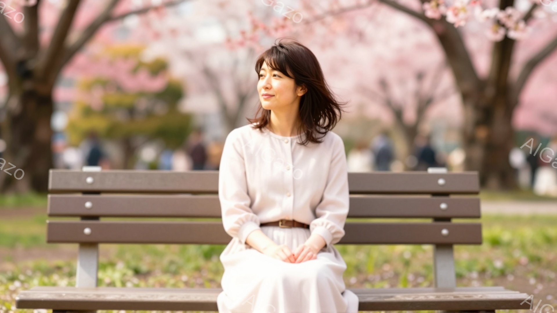 明るいピンク色の桜並木を背景に、若い女性がベンチに座っています。彼女はクリーム色のシャツとスカートを身につけ、少し微笑んで遠くを見つめています。穏やかな春の陽気を感じさせる、安らぎと希望に満ちた雰囲気です。