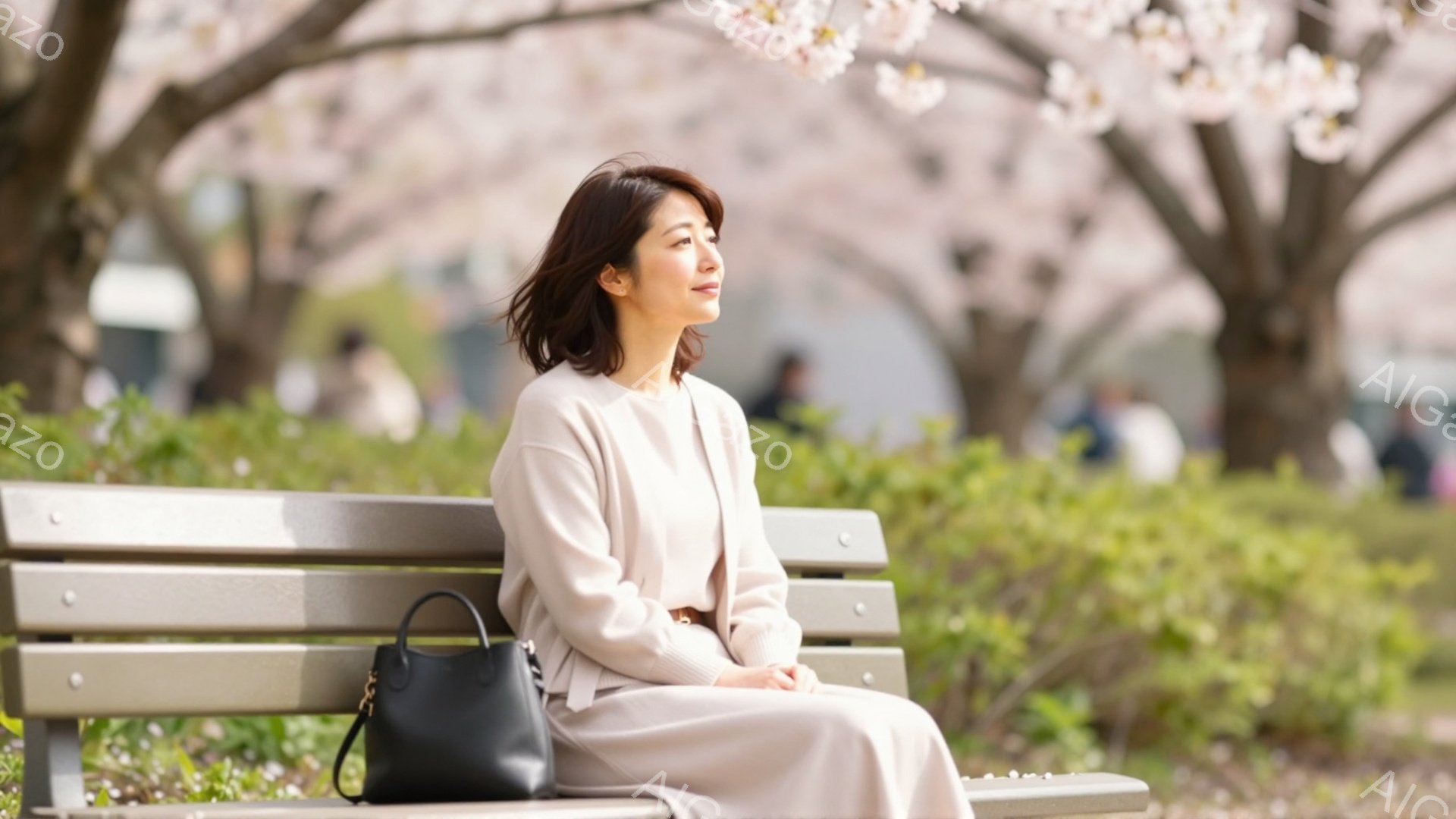 桜並木のベンチに座る女性が描かれています。ベージュのニットとスカート姿で、黒いハンドバッグを左膝に置いています。彼女は穏やかな表情で遠くを見つめ、春の優しい光の中でリラックスした雰囲気を醸し出していま - AI生成フリー素材