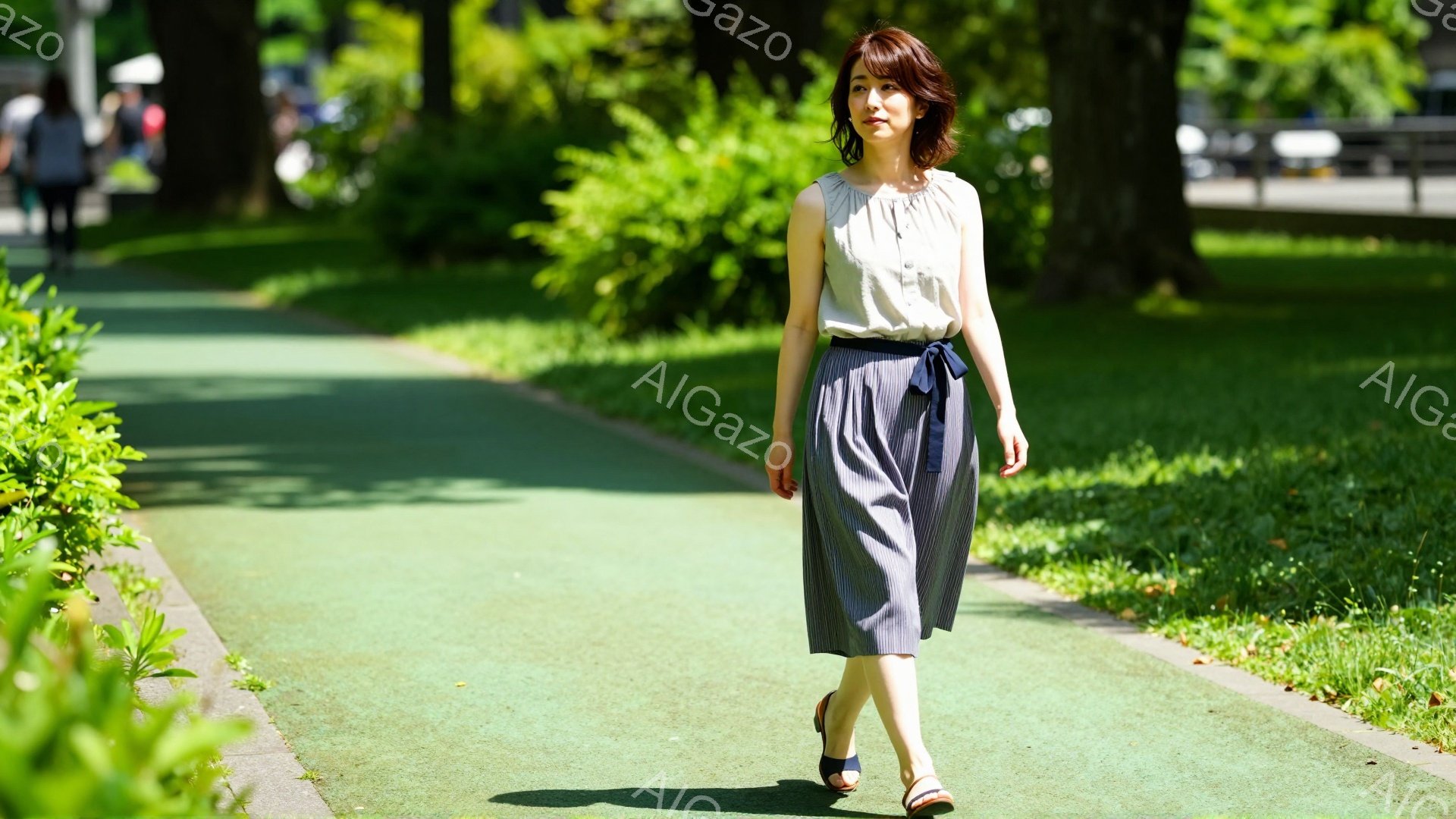画像には、緑の遊歩道を歩く女性が写っています。彼女はベージュのノースリーブブラウスに、紺色のストライプのミモレ丈スカートを着用し、ウエストには細いベルトが巻かれています。明るい日差しの中で、少し微笑みを浮かべながら、リラックスした様子で前を見つめて歩いています。
