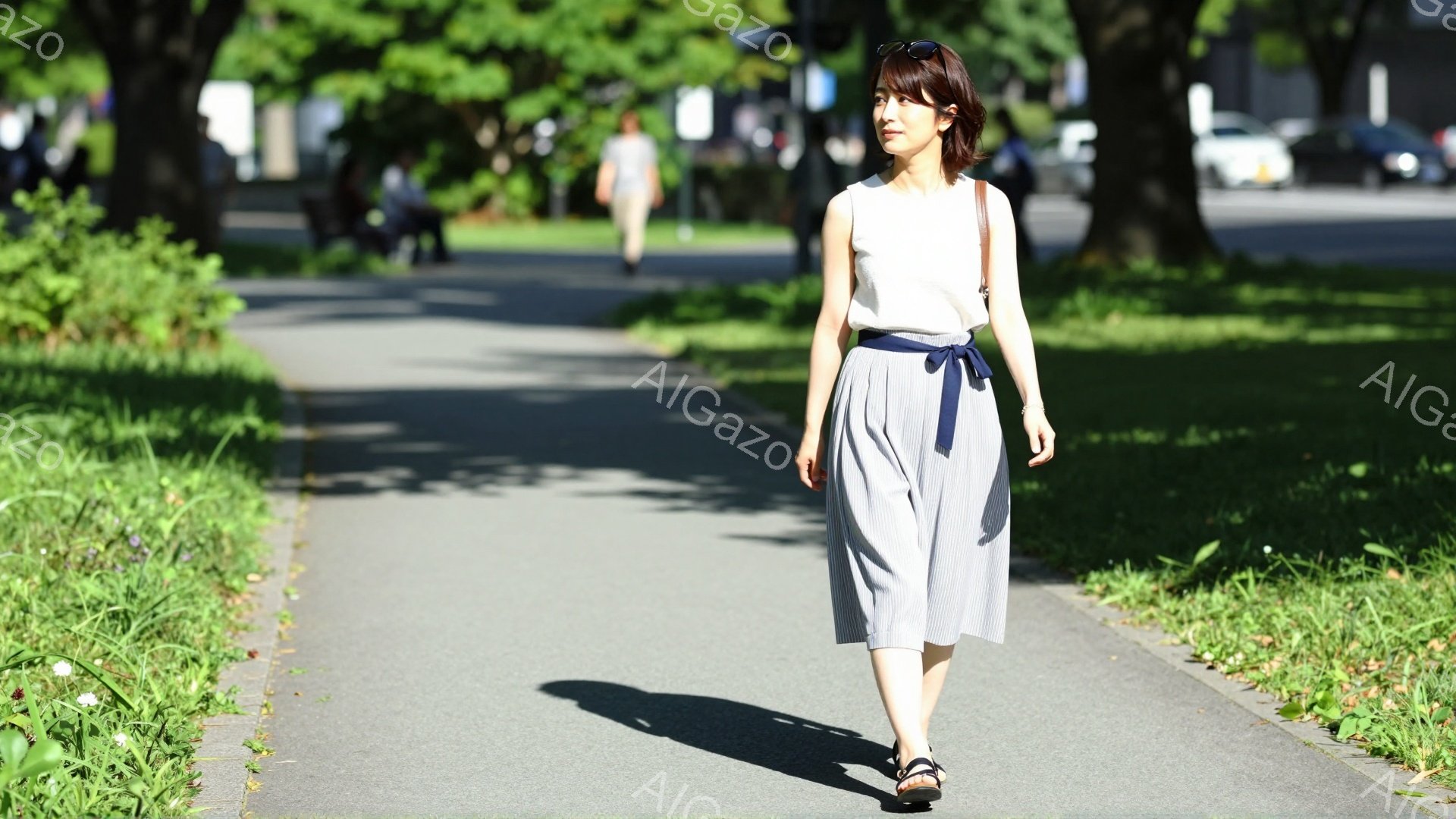 画像には、歩道を歩く女性が写っています。彼女は白いトップスに、水色のリボンでウエストマークされたプリーツスカートを着用し、黒いサンダルを履いています。背景には緑豊かな木々と歩道、遠くに建物が見え、晴れ - AI生成フリー素材