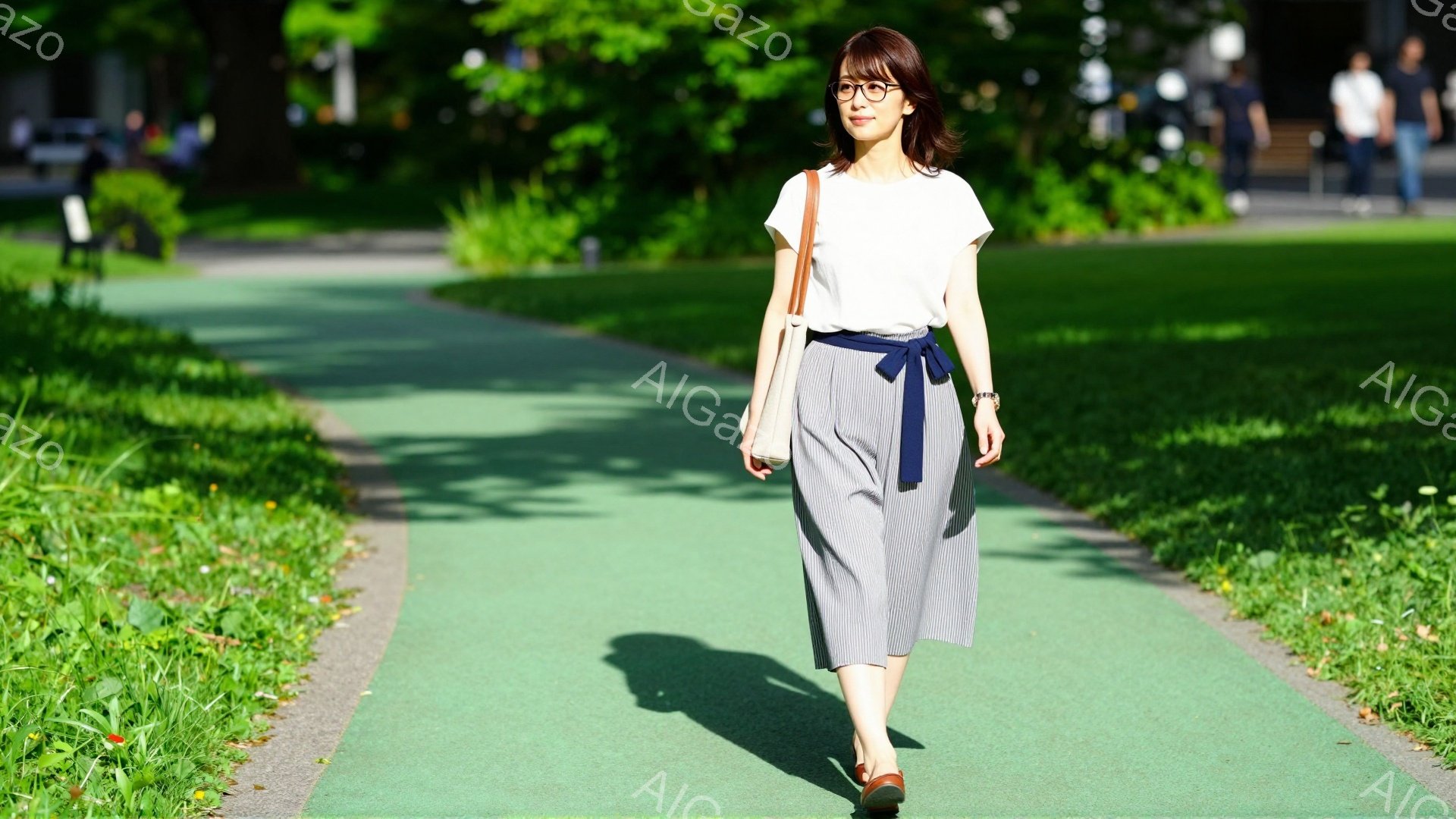 女性は白いTシャツとストライプのミディアム丈スカート、そして茶色のサンダルを履いて、緑色の遊歩道を歩いています。彼女は眼鏡をかけ、髪は肩にかかる長さで、顔には穏やかな表情が見られます。背景には緑豊かな草地と木々、そして遠くに見える建物があり、晴れた日の穏やかな雰囲気が漂っています。
