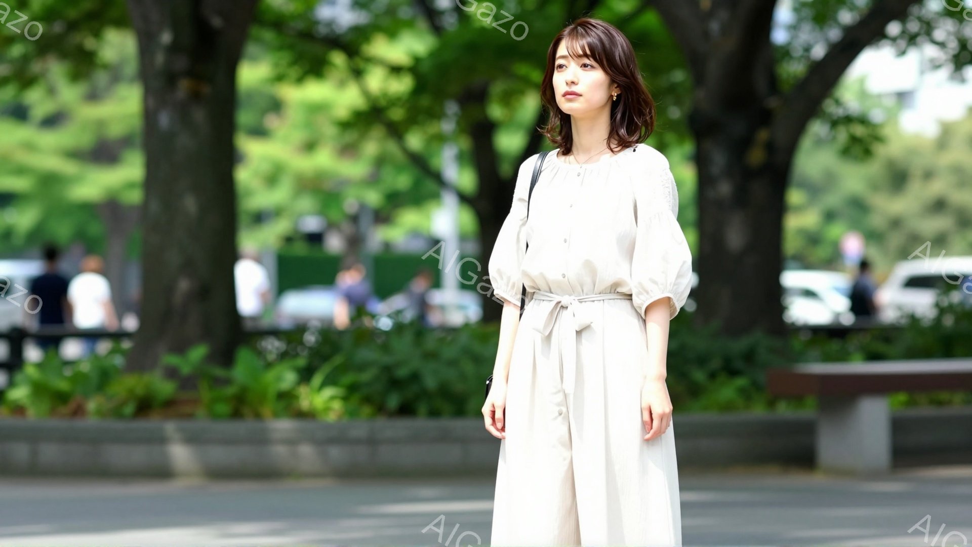 モデルはベージュ色のゆったりとしたワンピースを着て、ウエストを細いベルトで締めています。彼女は肩までの長さの茶髪で、穏やかな表情を浮かべています。背景には緑豊かな木々と、ぼやけた歩道や建物が見え、晴れ - AI生成フリー素材