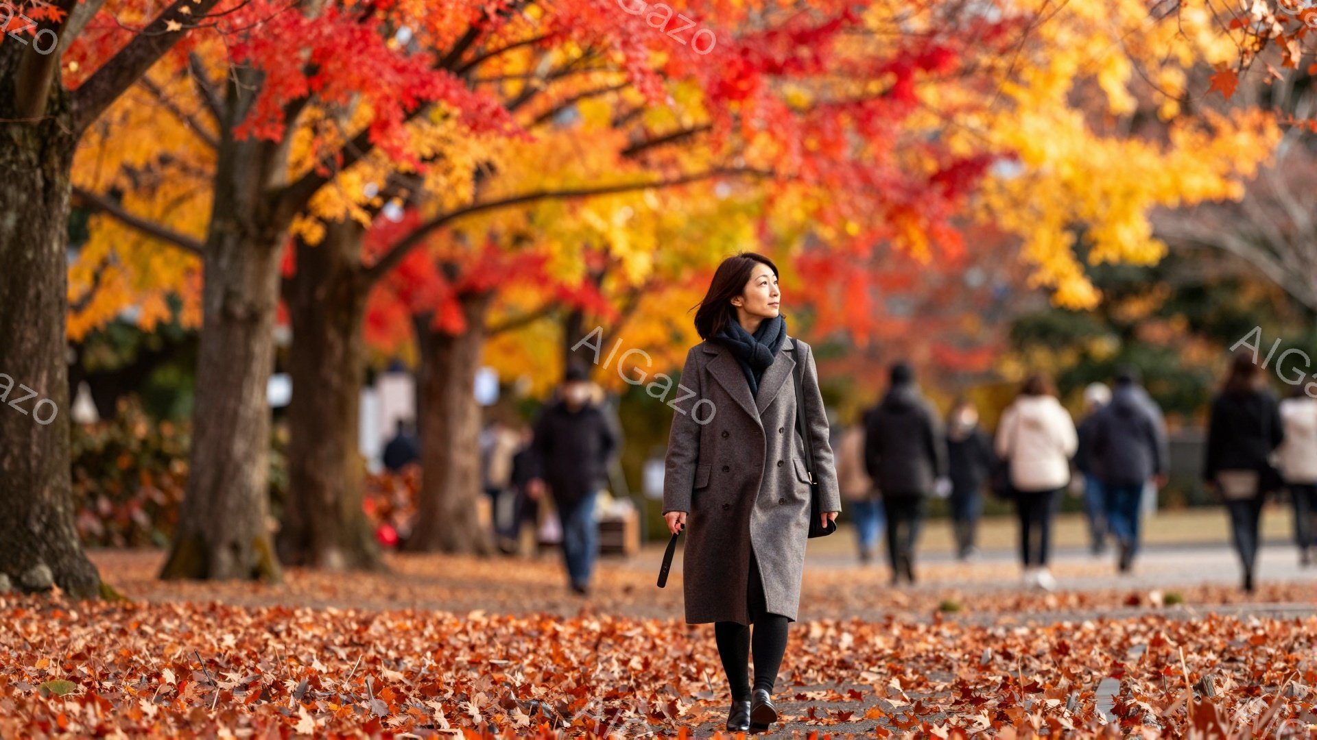 鮮やかな紅葉と落ち葉が敷き詰められた遊歩道を、コートを着た女性が歩いている。彼女は黒髪で、落ち着いた表情で前方を向いており、その姿は秋の風景に溶け込んでいる。背景には、多くの人々が歩き、鮮やかな紅葉の - AI生成フリー素材