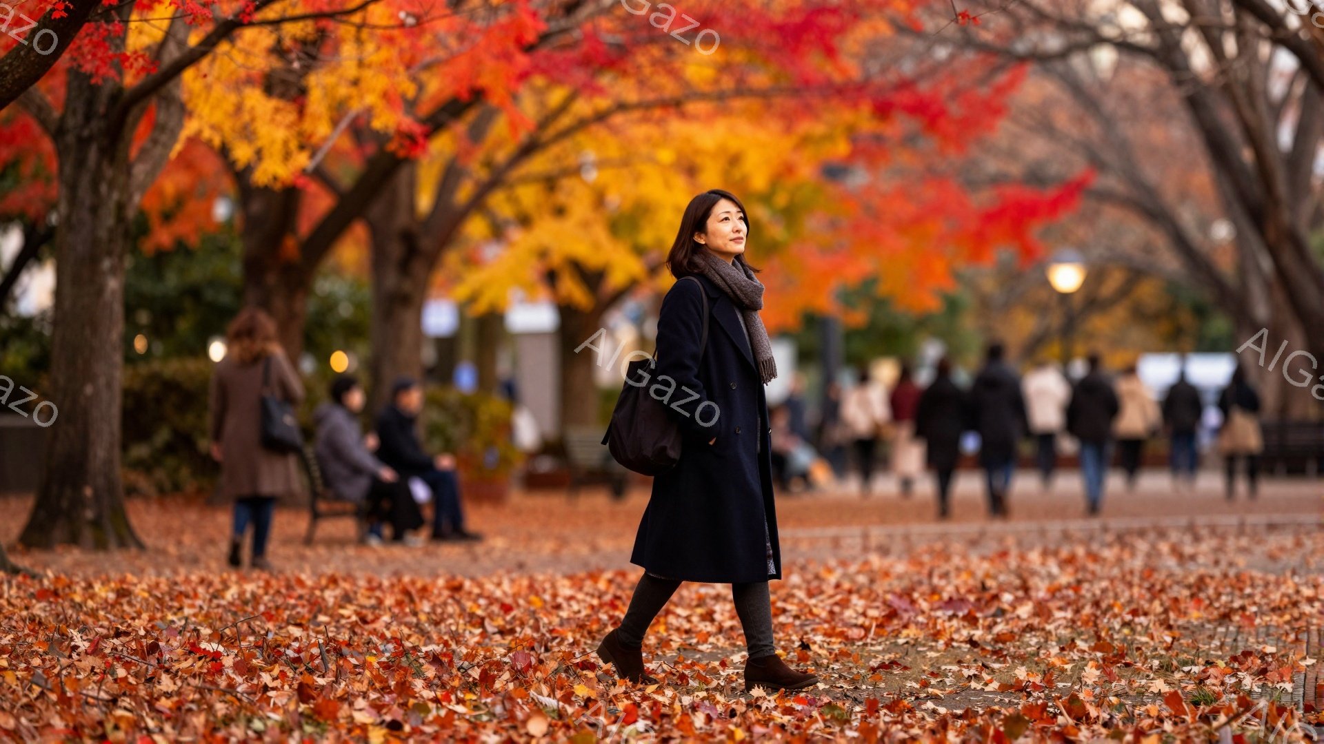 深い藍色のコートを着た女性が、落ち葉が敷き詰められた道を歩いている。彼女は茶色のストールを巻き、肩に黒いリュックサックをかけており、少し微笑んでいる様子が見て取れる。背景には、赤や黄色の紅葉が美しい木 - AI生成フリー素材