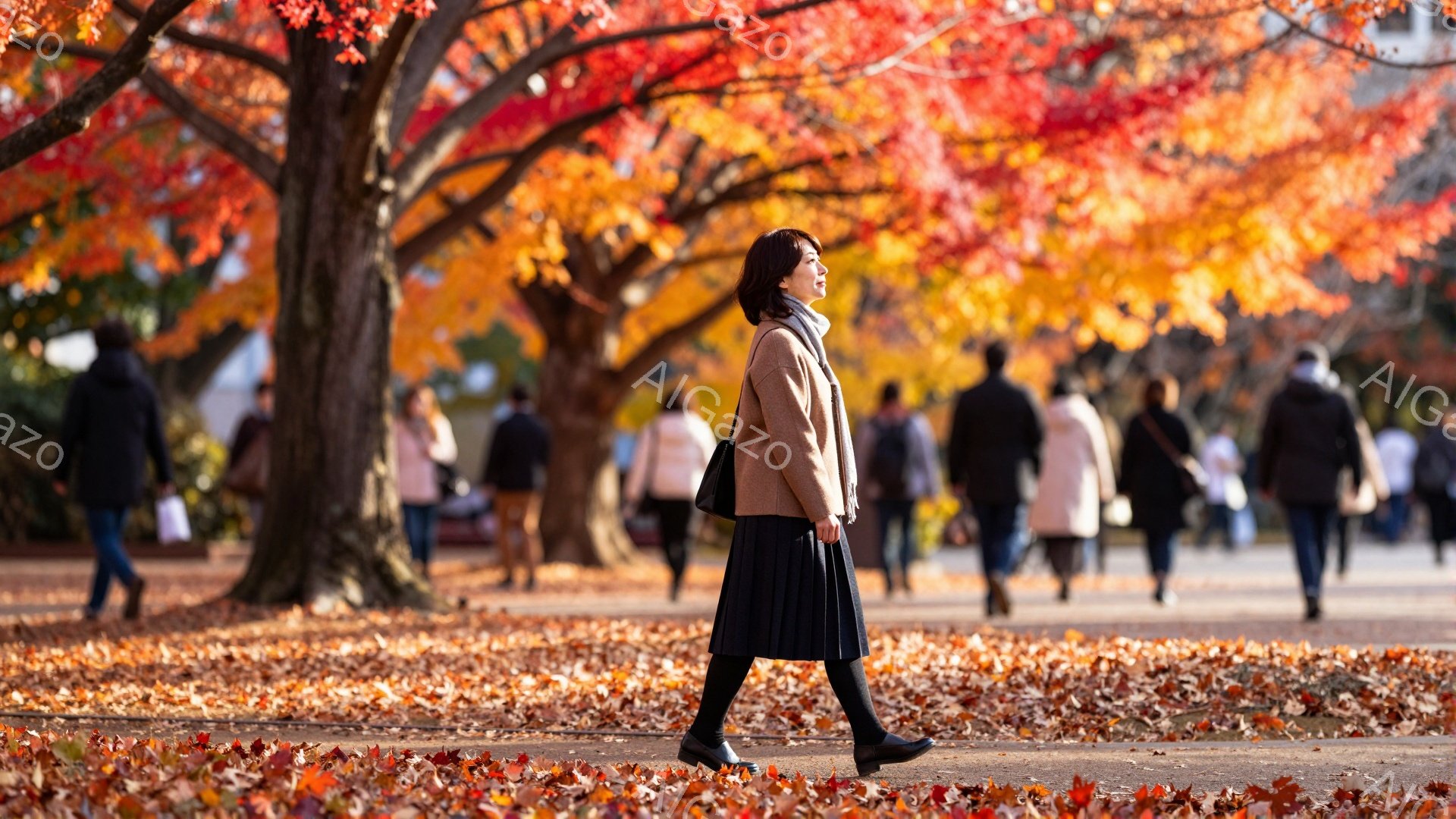 赤や黄色の紅葉に染まった遊歩道を、茶色のジャケットと黒のスカートを身につけた女性が歩いている。彼女は肩にかけたスカーフと黒いブーツを履き、横を向いて少し微笑んでいるように見える。背景には、他の歩行者や紅葉の木々がぼやけており、秋の穏やかで鮮やかな雰囲気が漂っている。
