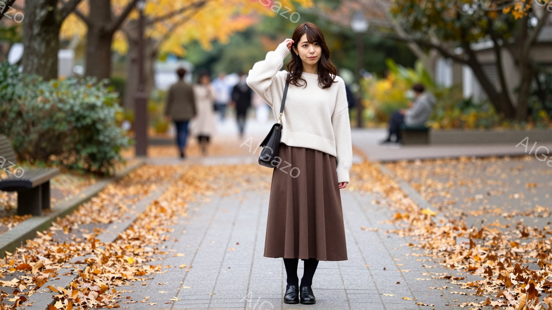 画像には、茶色の落ち葉が敷き詰められた遊歩道を、ベージュのニットと茶色のフレアスカートを身につけた女性が立っています。彼女は黒色のタイツと靴を履き、肩に黒いハンドバッグをかけています。背景には、秋色の - AI生成フリー素材
