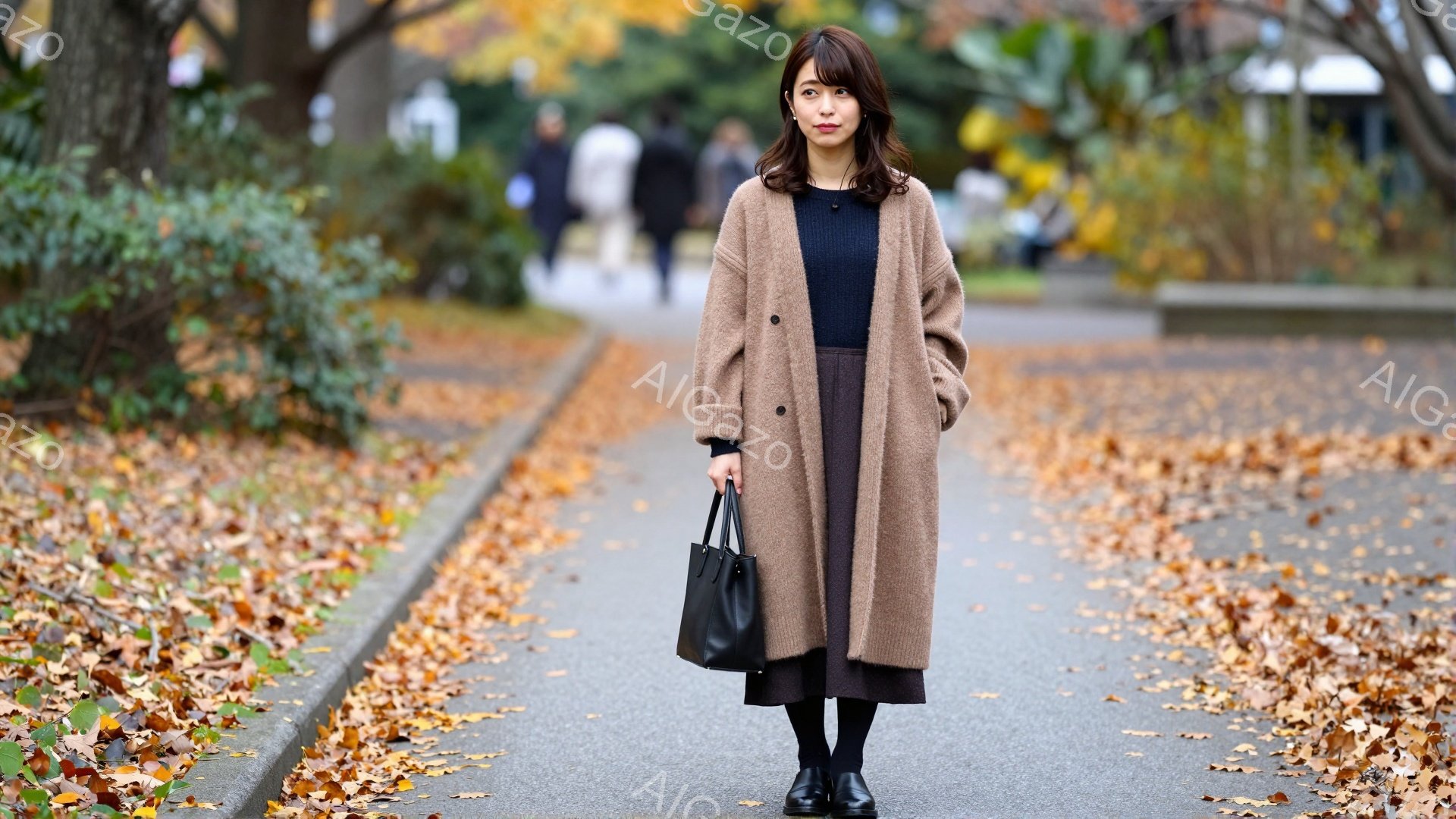 長いベージュのカーディガンを羽織った女性が、黒のワンピースとタイツ、そして黒い靴を履いて立っている。彼女は肩にかけた黒いハンドバッグを持っており、表情は穏やかで、少し微笑んでいるように見える。背景には - AI生成フリー素材