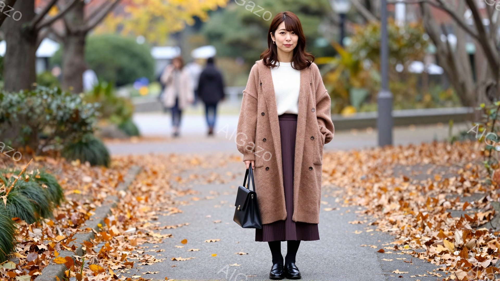 長いキャメル色のカーディガンを羽織った女性が、紫色のプリーツスカートと黒のタイツ、ローファーを履いて立っています。彼女はストレートヘアで、少し微笑んでいます。背景には、紅葉した木々と歩道、そして遠くに人々が見え、秋の穏やかな雰囲気が漂っています。