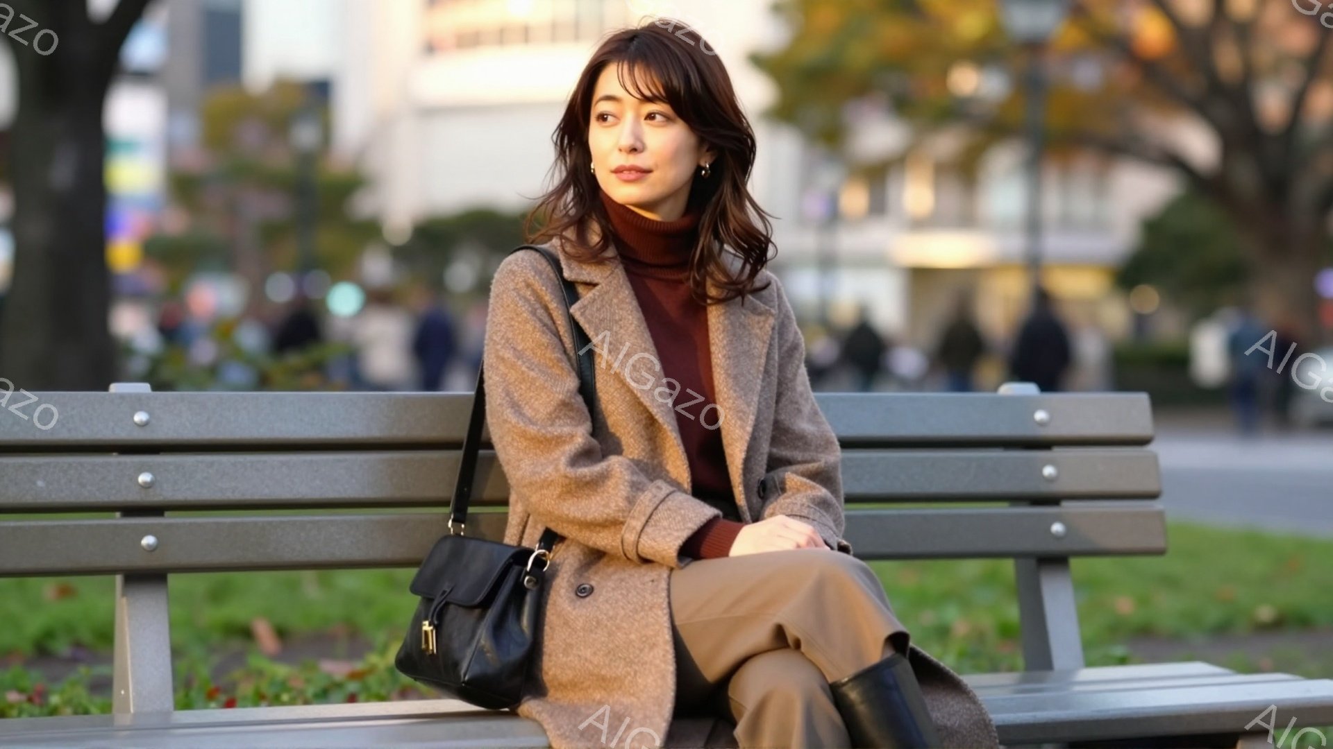 女性は公園のベンチに座っており、グレーのコートに茶色のセーター、ベージュのパンツ、黒いブーツを着用しています。彼女は少し横を向き、考え込んでいるような表情を浮かべており、肩に黒いハンドバッグをかけてい - AI生成フリー素材