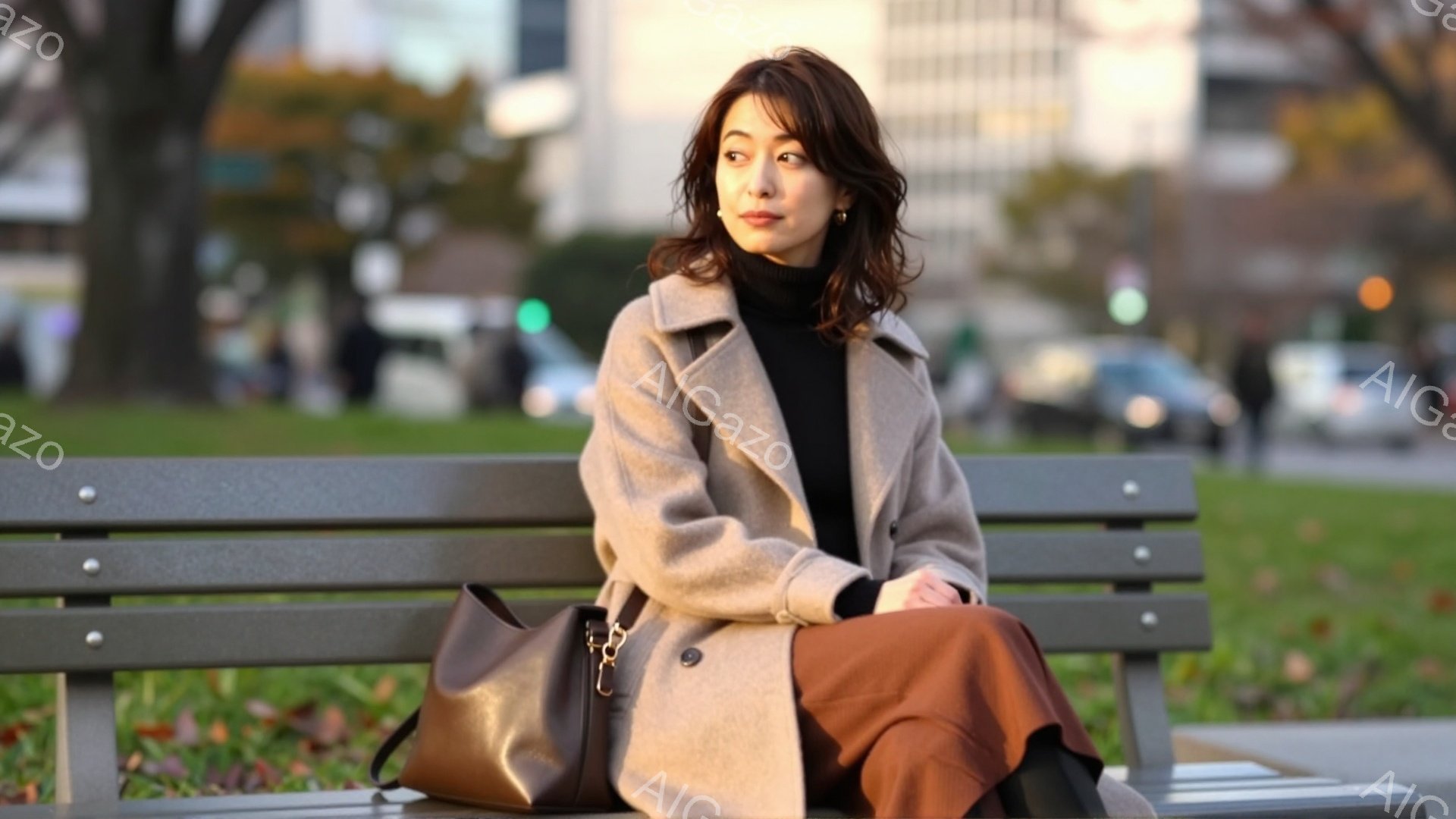 茶色のミディアムヘアの女性が、公園のベンチに座って右方向を見ている。ベージュのコートと黒いタートルネック、茶色のスカートを身につけ、片手にキャメル色の大きなハンドバッグを持っている。背景には建物と木々 - AI生成フリー素材