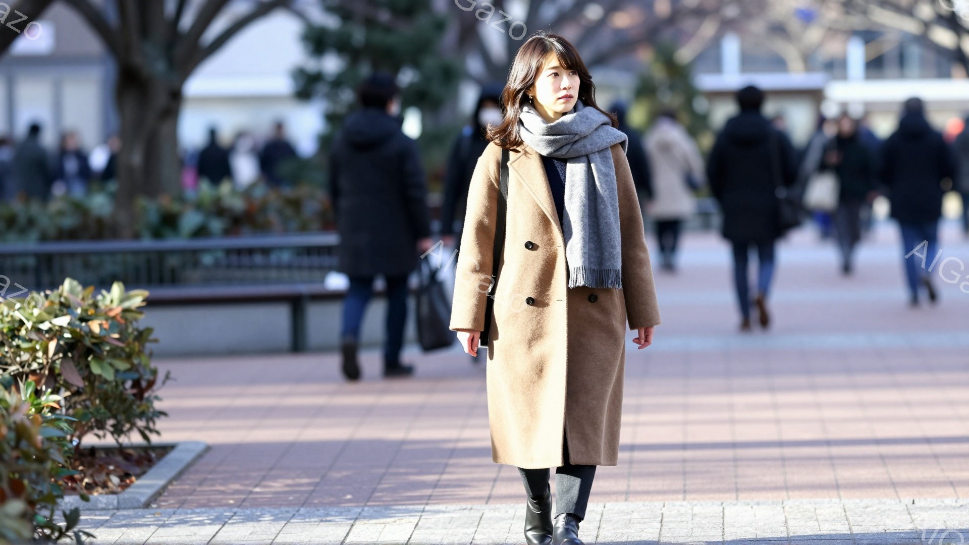 長いキャメル色のコートを着た女性が、グレーのマフラーを首に巻き、黒いレギンスとブーツを履いています。彼女はわずかにカメラの方を見ており、穏やかな表情を浮かべています。背景には、人々が歩く遊歩道、木々、 - AI生成フリー素材