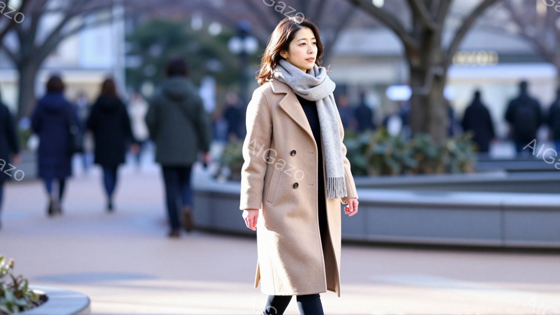 明るい色のキャメルコートを羽織った女性が写っています。彼女はストールを首に巻き、少し微笑んでいます。背景には、灰色の花壇とぼやけた人々の姿が見え、冬の晴れた日の穏やかな雰囲気が漂っています。