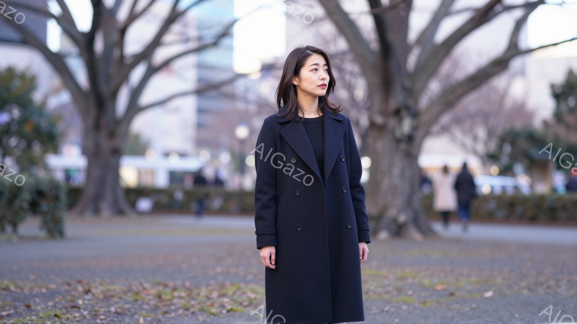 黒いロングコートを着た女性が、公園の小道に立っている。彼女は黒髪で、少し微笑んだ表情をしており、落ち着いた雰囲気である。背景には裸木の並木とぼんやりとした建物が見え、冬の晴れた日の穏やかな光が差し込ん - AI生成フリー素材