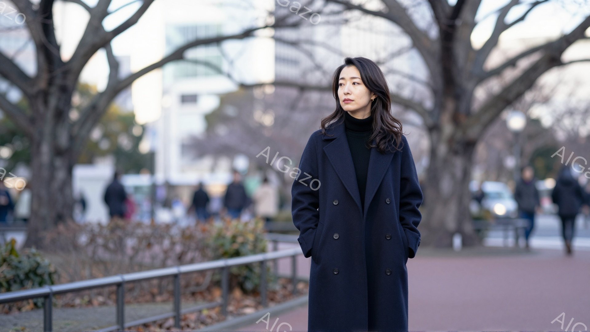 長い黒いコートを着た女性が、少し憂いを含んだ表情で正面を見つめている。彼女は両手をコートのポケットに突っ込み、リラックスした姿勢で立っている。背景には、裸木の並木道と、ぼんやりと見える建物、そして歩行者が写っており、冬の穏やかな日を表している。