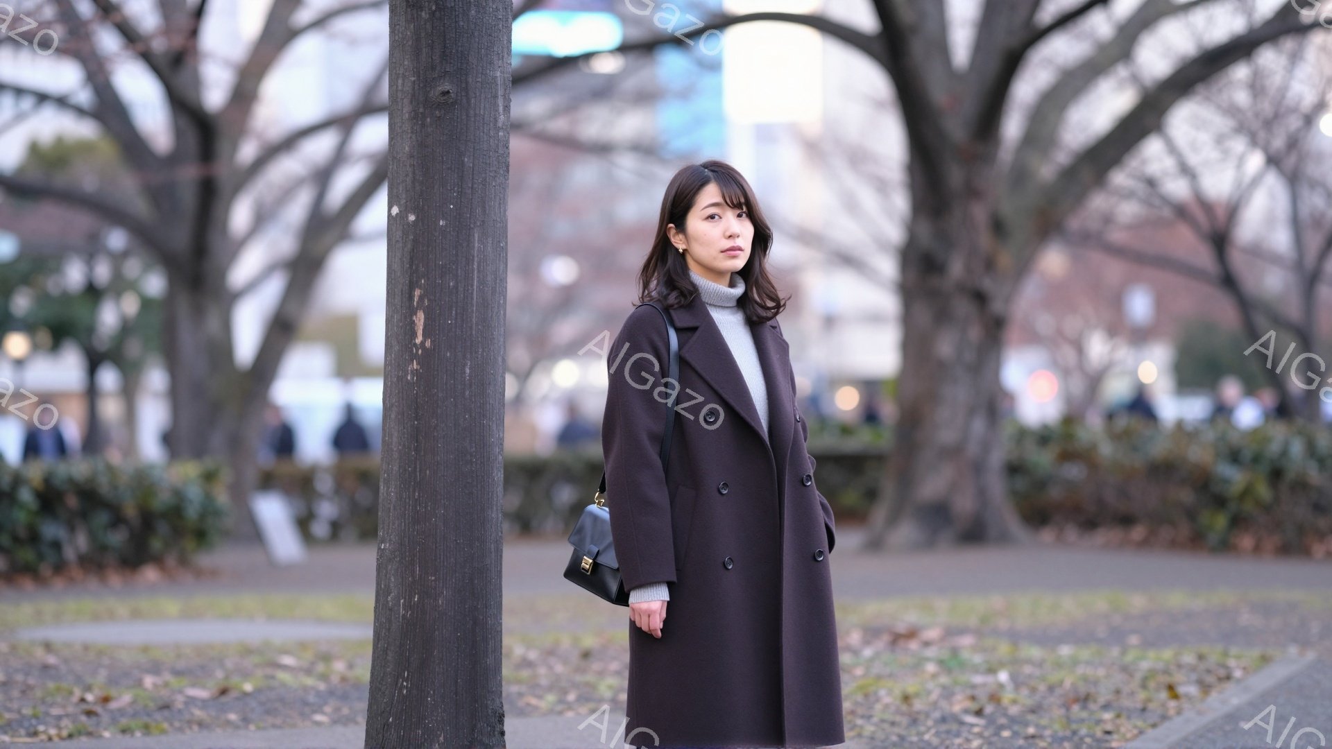 女性はダークグレーのセーターとダークブラウンのオーバーコートを着て、肩に黒いハンドバッグをかけている。彼女は少し横を向き、落ち着いた表情でこちらを見ている。背景には裸木の公園と、ぼやけた建物が見え、冬の穏やかな一日を思わせる。