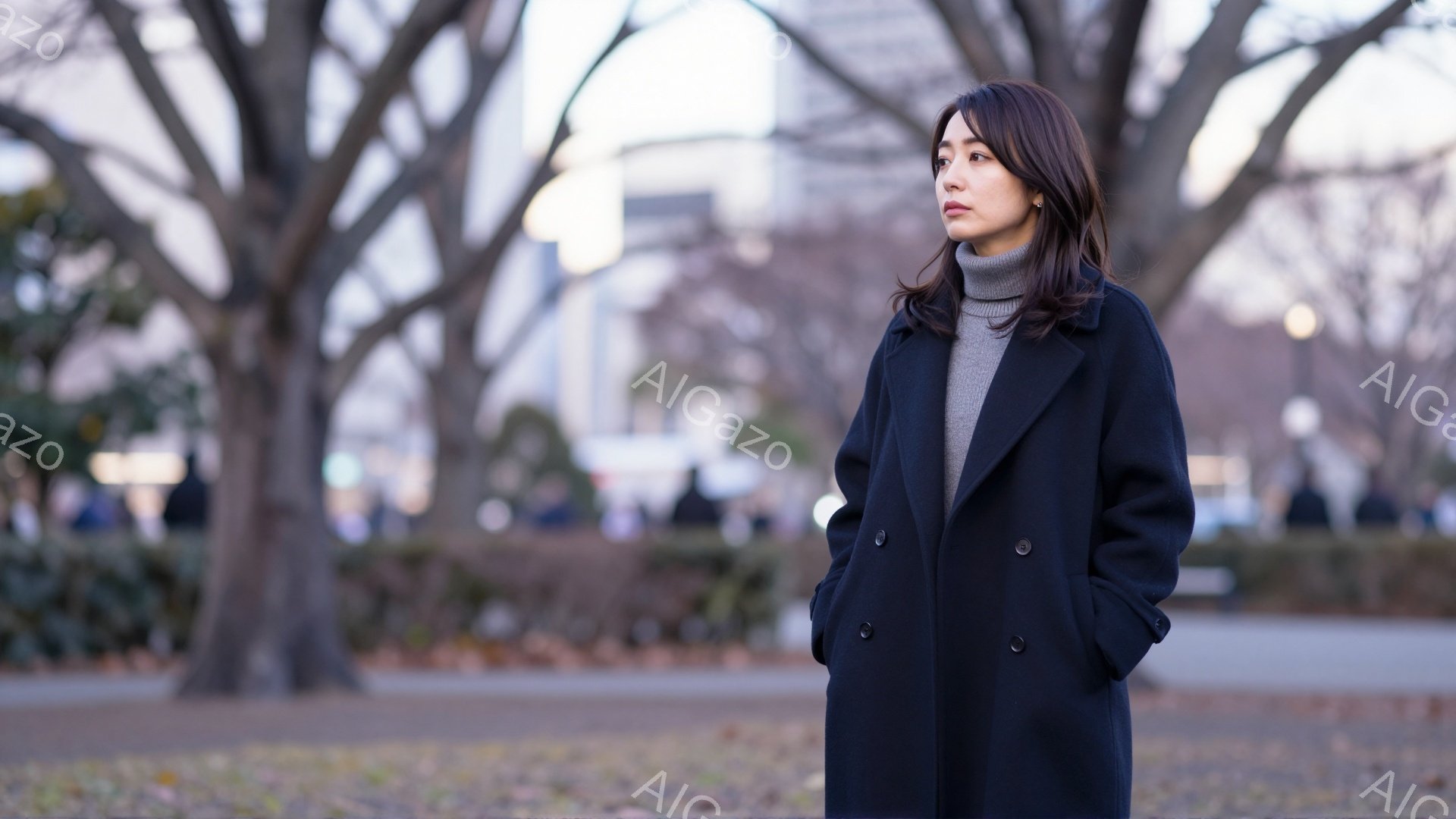 彼女は黒のオーバーコートとグレーのセーターを着て、少し物憂げな表情で遠くを見つめています。彼女は片手をポケットに入れたリラックスした姿勢で立っており、背景には裸木の並木とぼんやりとした建物が見えます。 - AI生成フリー素材