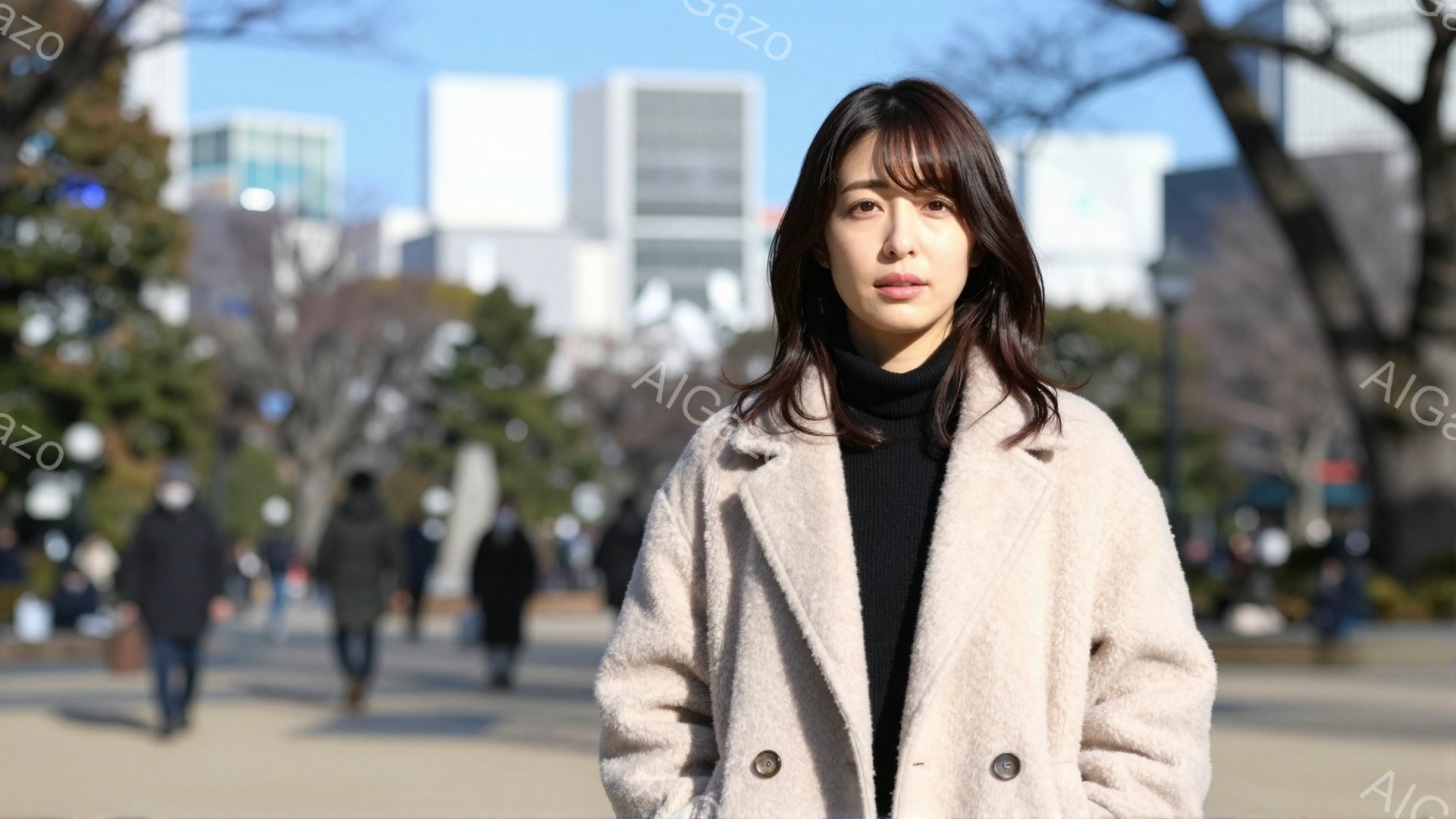 画像には、黒いタートルネックセーターにベージュのコートを着た若い女性が写っています。彼女はストレートで少し長めのヘアスタイルで、穏やかな表情で正面を見ています。背景には、ぼやけた建物と木々、そして晴れ - AI生成フリー素材