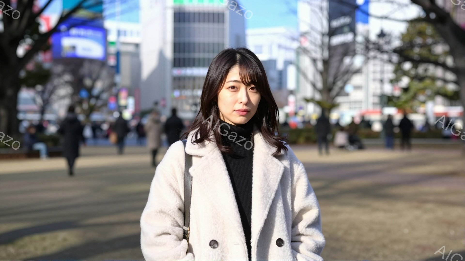 画像には、黒いタートルネックセーターにクリーム色のオーバーサイズのコートを着た女性が写っています。彼女は肩まで届く長さのダークブラウンの髪を持ち、前髪を少し分けています。背景には、建物や木々がぼやけて - AI生成フリー素材