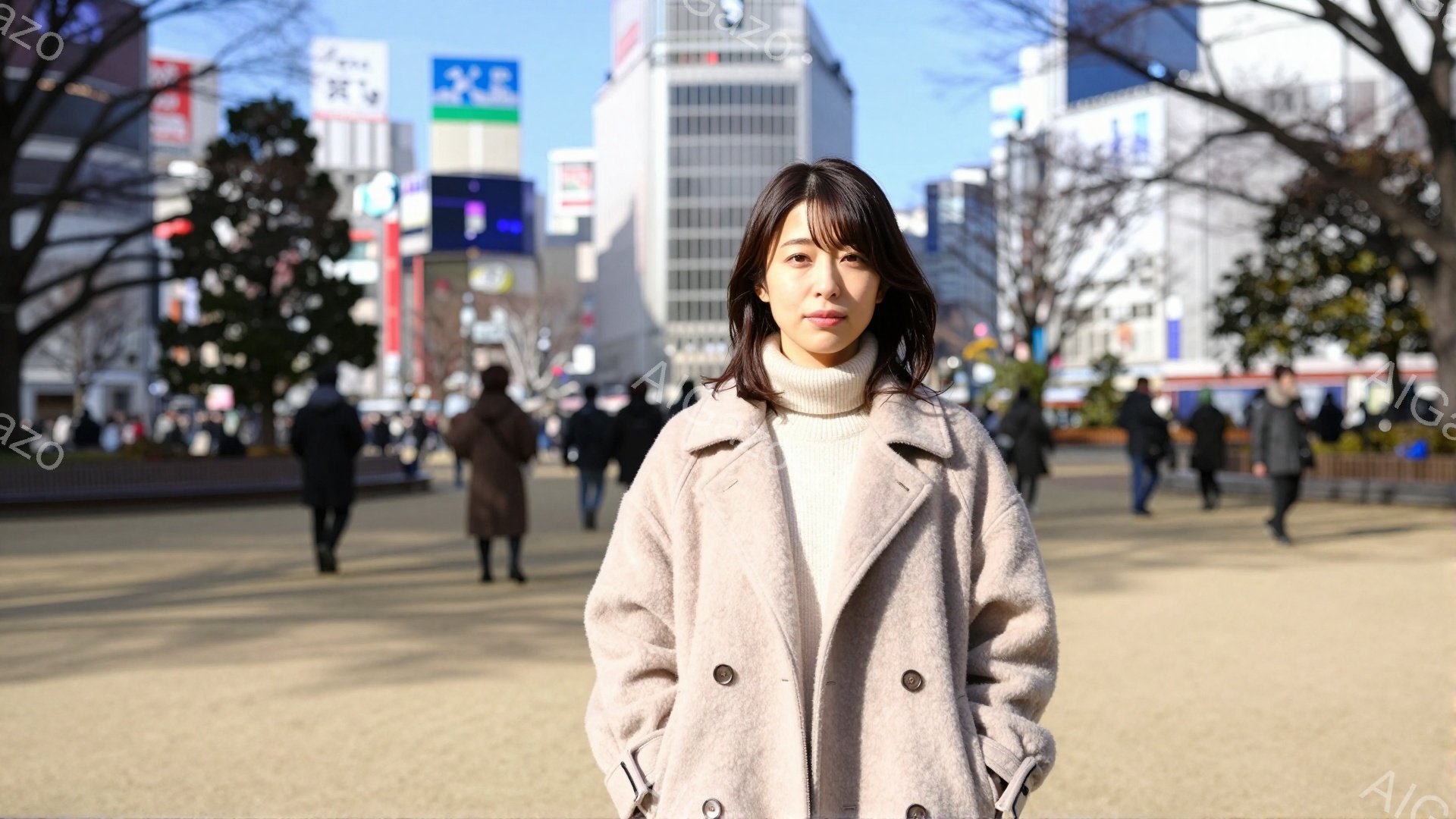 画像は、屋外の賑やかな場所に立つ若い女性を捉えています。彼女はベージュ色のオーバーコートと白いセーターを着ており、ダークブラウンの髪は肩にかかる長さで、軽くレイヤーがかかっています。背景には高層ビル群や歩行者がぼやけ、晴天の下、明るく活気のある雰囲気が漂っています。