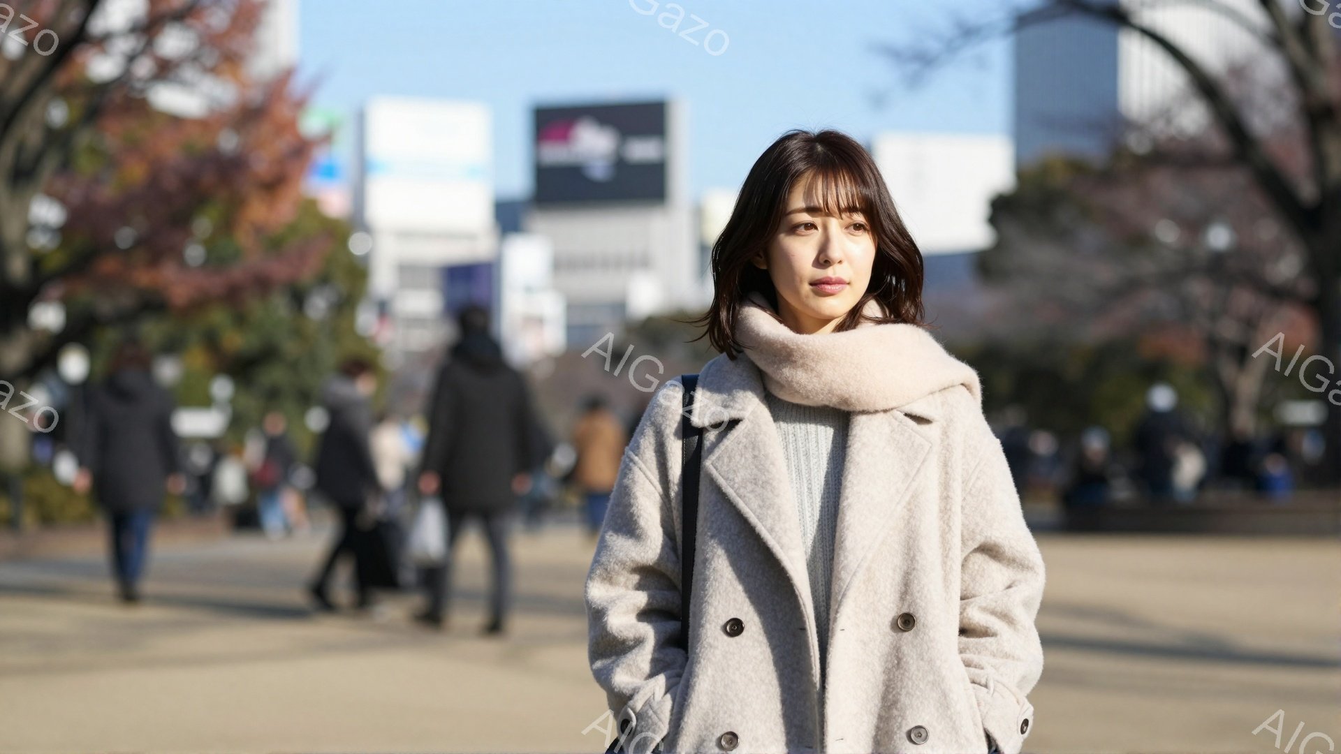 若い女性がベージュ色のコートと白っぽいスカーフを身につけて立っています。彼女は暗い髪を肩の長さで切り揃え、少し物憂げな表情をしています。背景にはぼやけた建物や人々が見え、晴れた日の穏やかな街並みが広がっています。