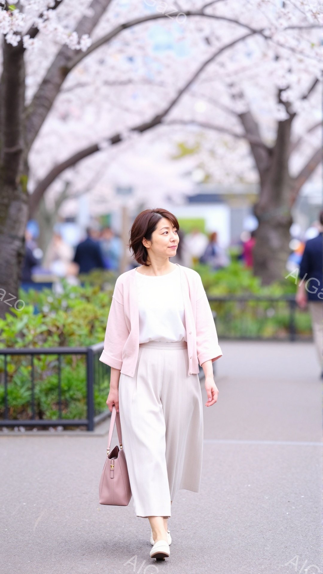 画像には、ピンク色のカーディガンを着た女性が歩いている様子が写っています。彼女はベージュのワイドパンツと白いトップスを合わせ、手にはピンク色のハンドバッグを持っています。背景には桜並木が広がり、春の穏やかな雰囲気を醸し出しています。