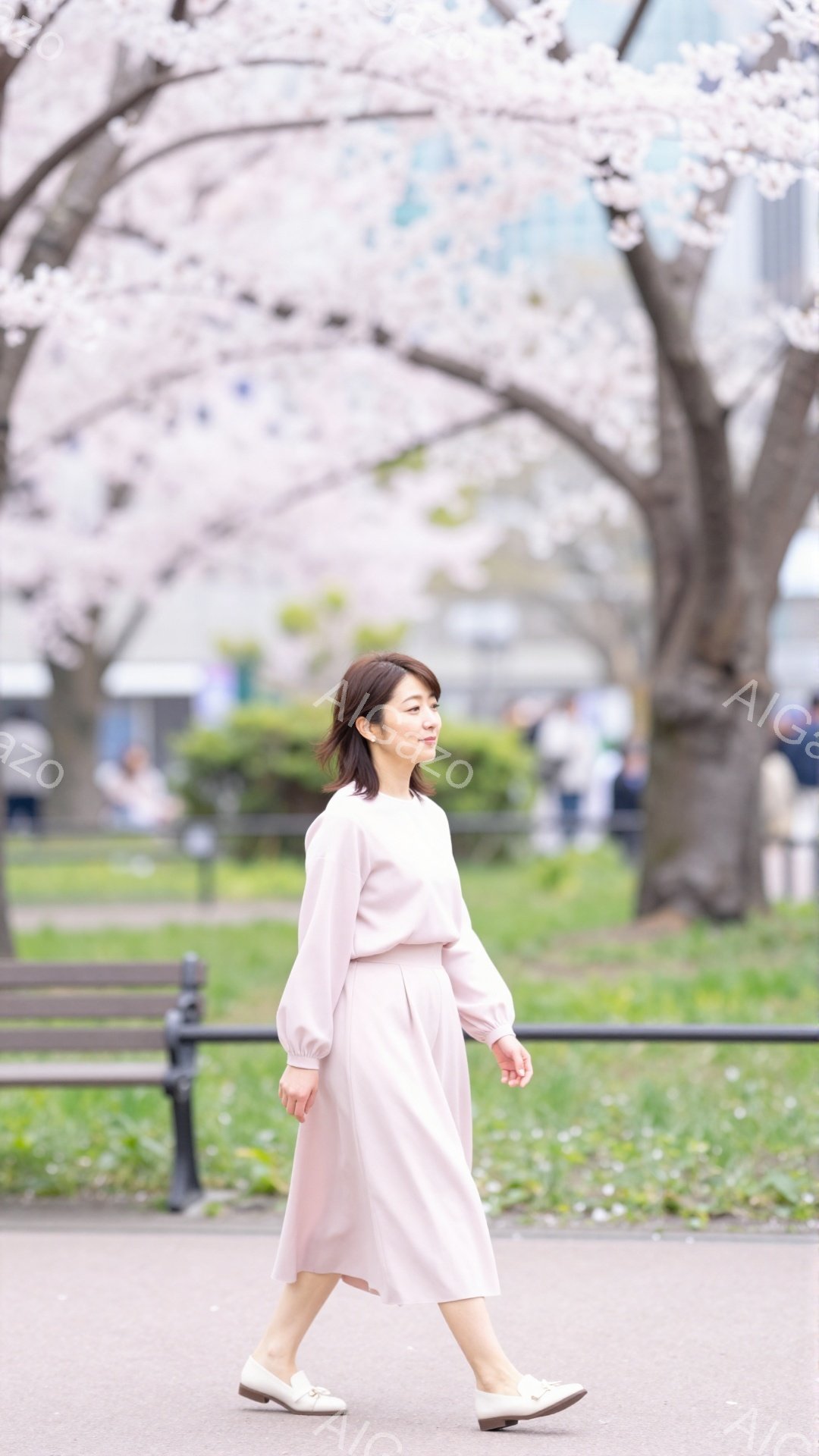 淡いピンク色のワンピースを着た女性が、公園の道を歩いている。彼女は軽く微笑み、リラックスした表情で、白いパンプスを履いている。背景には桜並木が広がり、春の穏やかな日差しの中で、優雅な雰囲気が漂っている - AI生成フリー素材