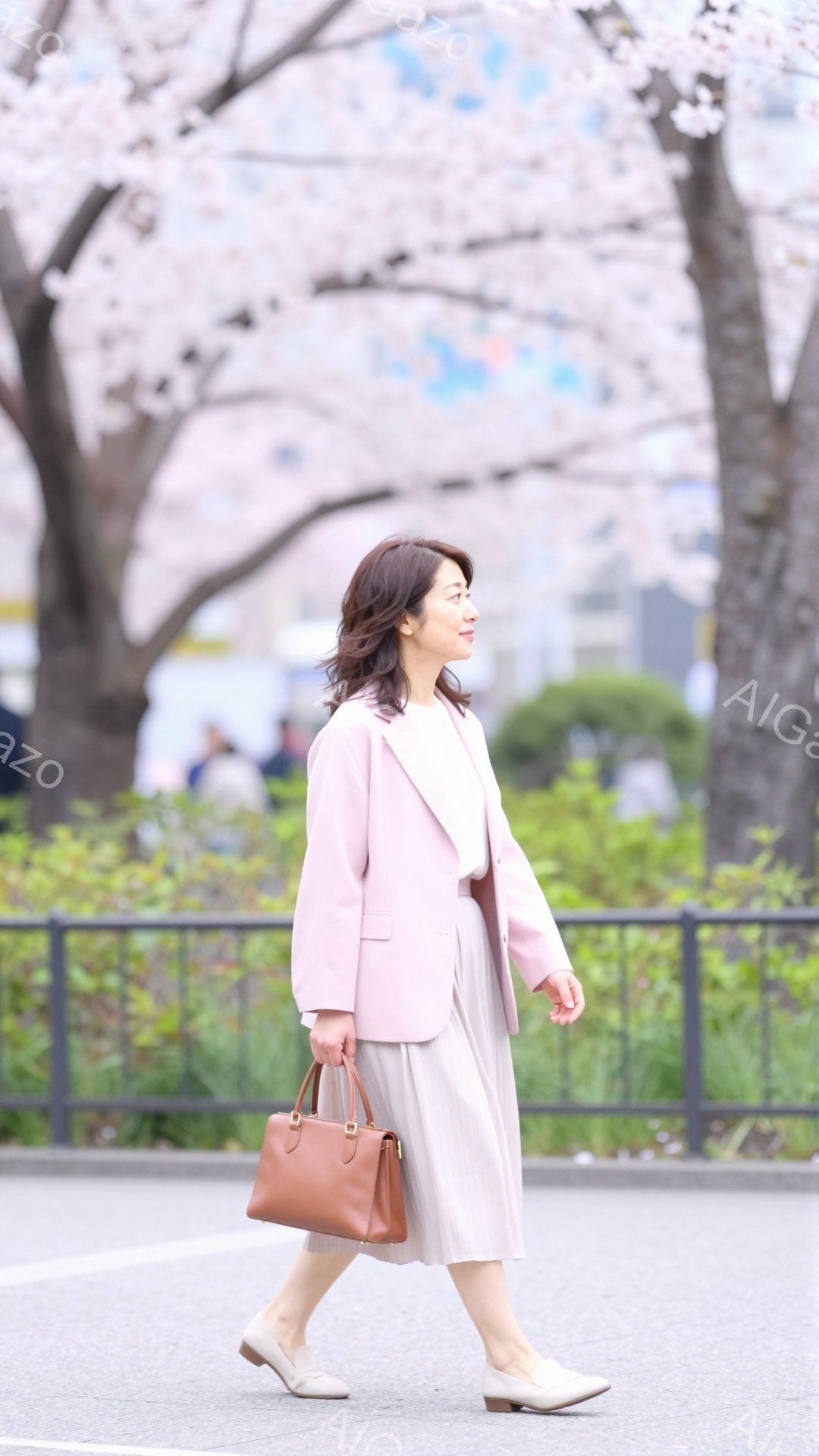 淡いピンク色のジャケットとベージュのプリーツスカートを合わせた女性が写っています。彼女は茶色のハンドバッグを持ち、歩きながら穏やかな表情を浮かべています。背景には桜並木が広がり、春の暖かな日差しの中で - AI生成フリー素材