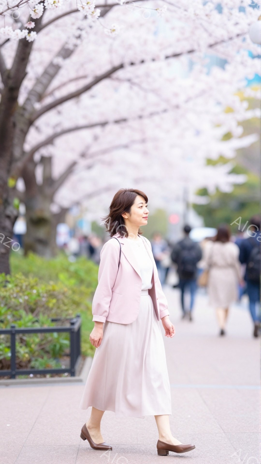 画像には、ピンク色のジャケットとスカートを身に着けた女性が歩いている様子が写っています。彼女は少し微笑んでおり、髪は肩のあたりで軽くカールしています。背景には桜並木が広がり、多くの人が散歩を楽しんでい - AI生成フリー素材