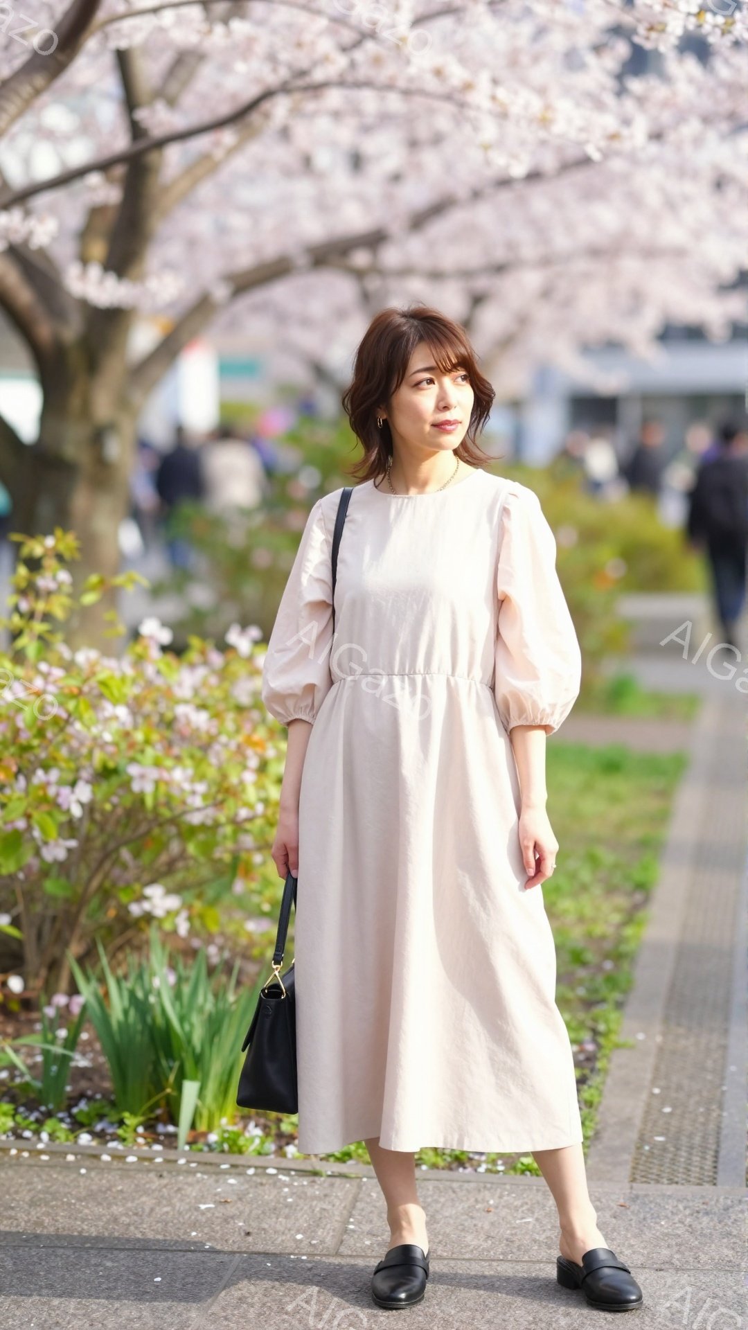 彼女はベージュ色のミモレ丈のワンピースに黒いパンプスを履き、肩に黒いハンドバッグをかけて立っています。髪は肩まで伸びたブラウンで、軽くウェーブがかかっています。背景には桜の木々と散った花びらが広がり、春の穏やかな雰囲気を醸し出しています。
