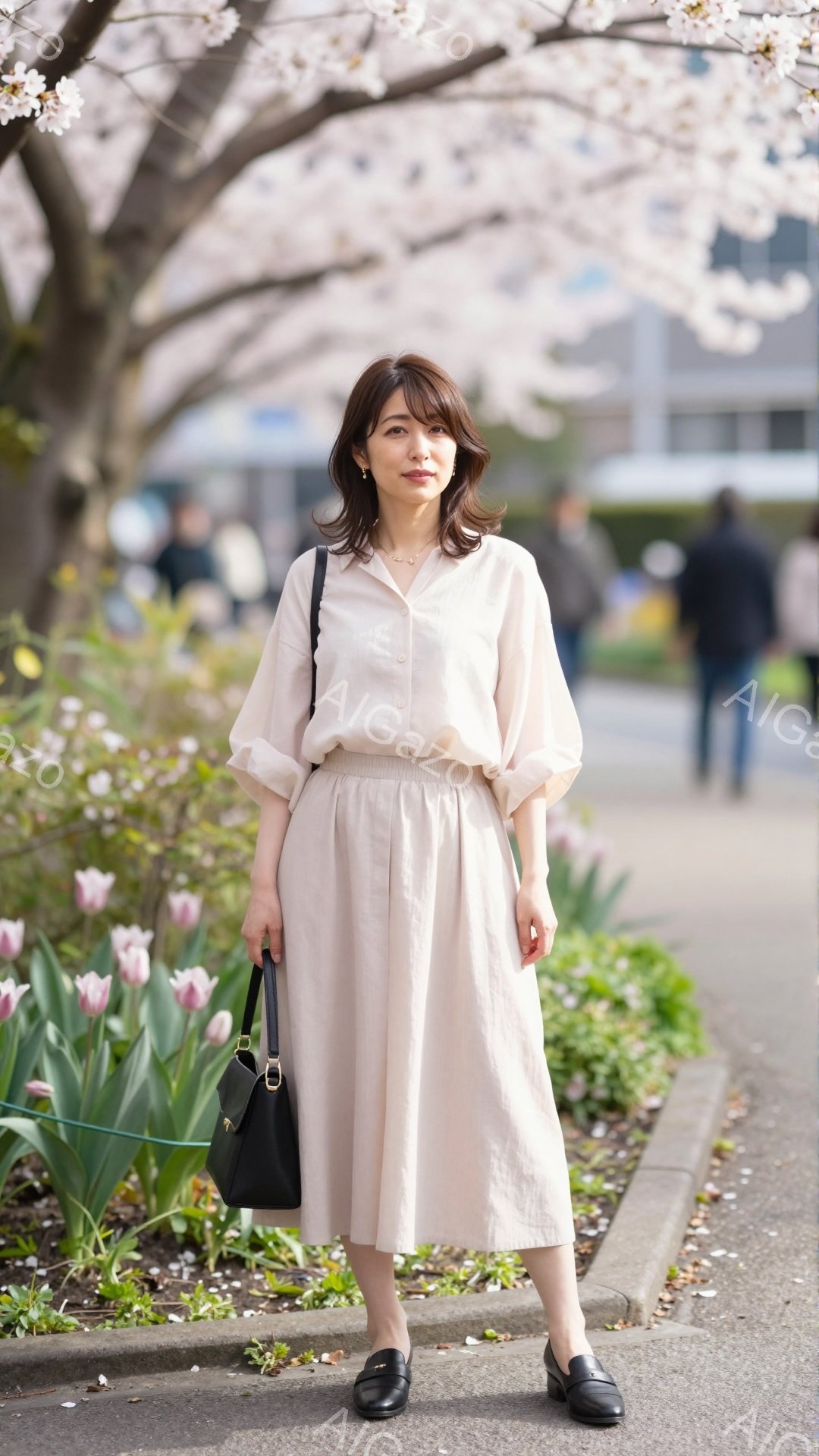 モデルはベージュのシャツとミディ丈のスカートを着用し、黒の革靴を履いています。彼女は少し微笑んでおり、リラックスした姿勢で立っています。背景には桜並木とチューリップの花壇があり、晴天の下、春の穏やかな雰囲気が漂っています。