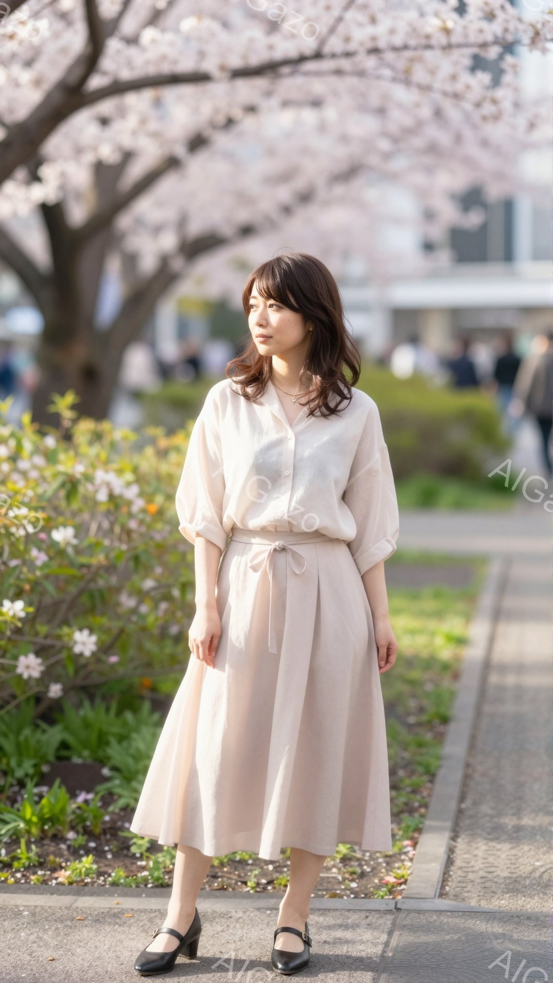 柔らかいベージュ色のブラウスとスカートを身に着けた女性が、遊歩道を歩いている。彼女は少し微笑んでおり、肩までの長さの茶髪を自然に揺らしている。背景には桜並木と、ぼんやりと見える建物があり、春の穏やかな - AI生成フリー素材