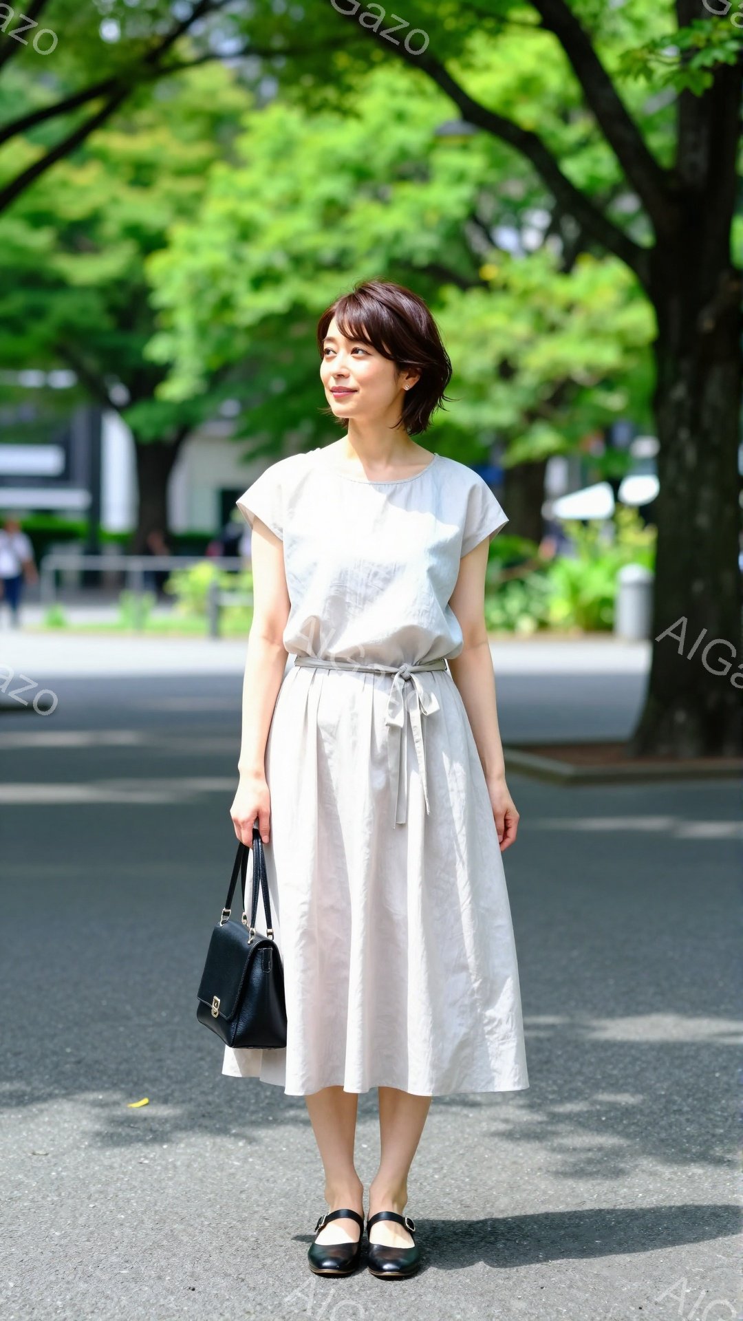 モデルはベージュのゆったりとしたワンピースを着て、黒いバレエシューズを履いています。彼女は短い茶色の髪をしており、少し微笑んでいます。背景には緑豊かな木々とアスファルトの道があり、晴れた日の穏やかな雰 - AI生成フリー素材