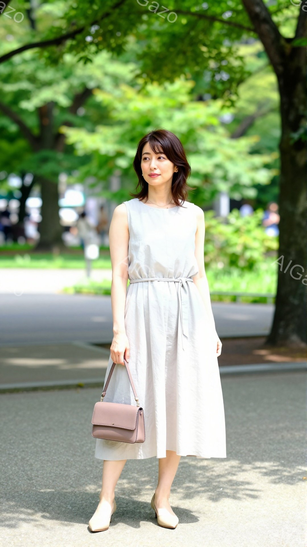 モデルはベージュのノースリーブワンピースと、同系色のストラップ付きバッグを身につけ、優しい表情で少し横を向いています。ワンピースはウエストが絞られており、足元はベージュのパンプスを履いています。背景には緑豊かな木々と歩道が広がり、晴天で穏やかな雰囲気です。