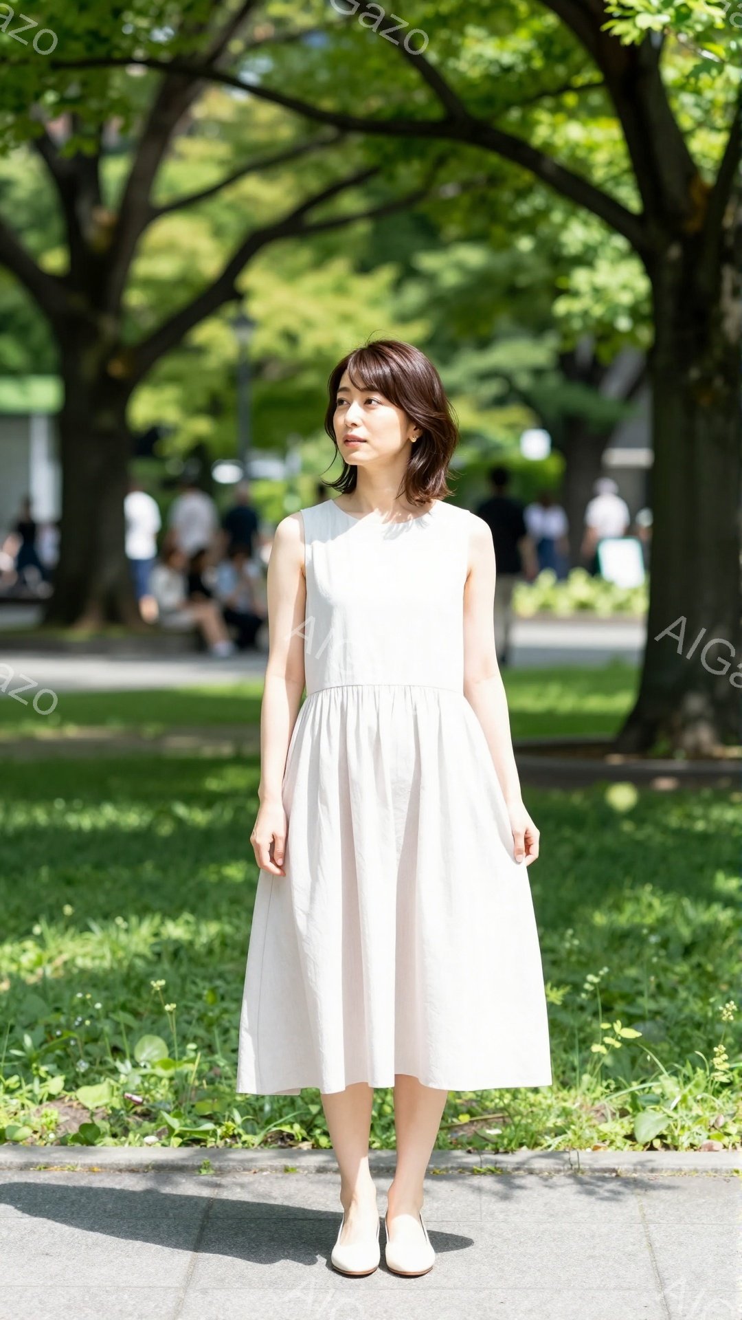 女性はクリーム色のノースリーブのワンピースと白いフラットシューズを身に着けて立っています。彼女は短いダークブラウンのヘアスタイルで、少し上を見ている表情をしています。背景には緑豊かな芝生と木々があり、 - AI生成フリー素材