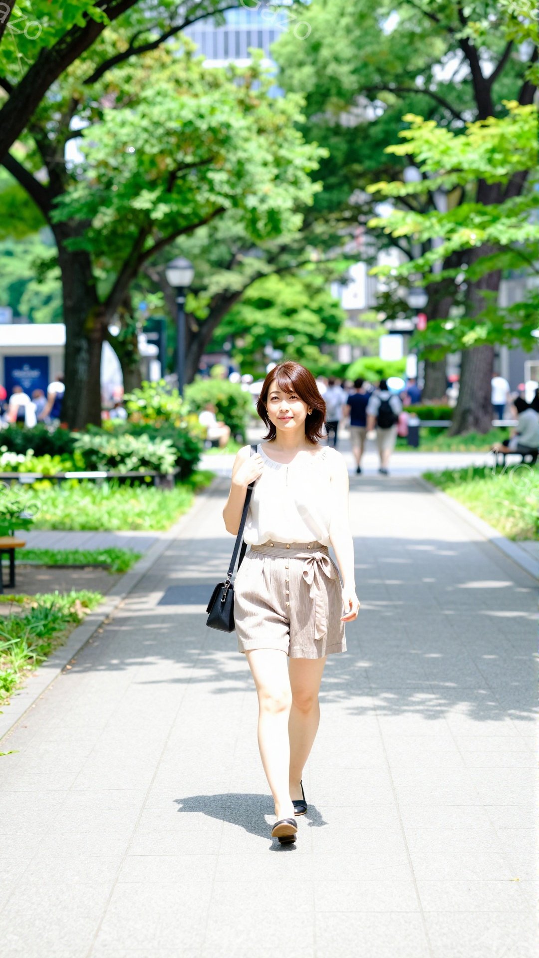 女性はベージュのトップスとショートパンツを着用し、肩に黒いバッグをかけて舗装された道を歩いています。彼女は軽く微笑み、リラックスした表情で、日差しが差し込む緑豊かな公園内を歩いています。背景には木々が - AI生成フリー素材