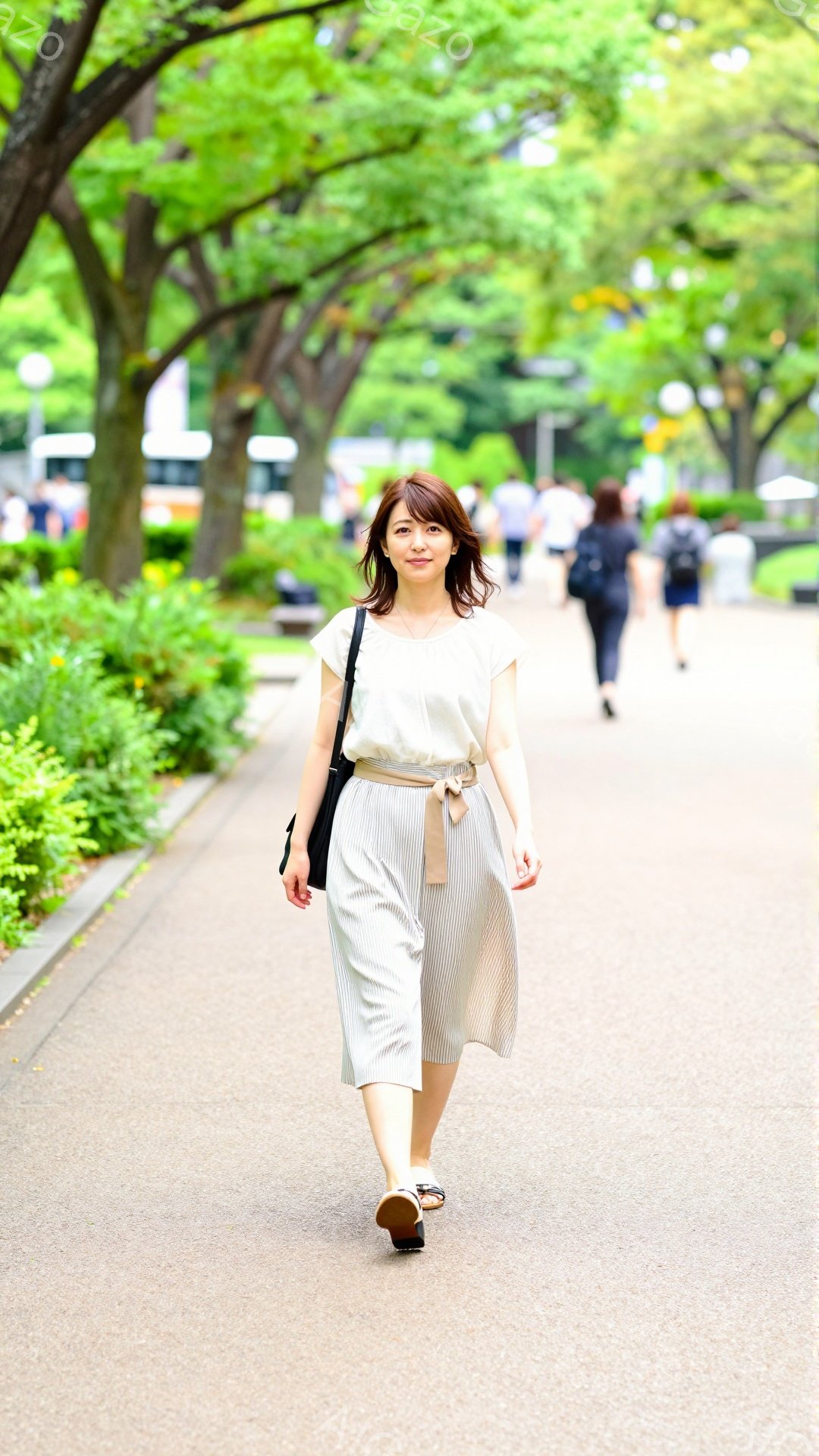 画像には、ストライプのスカートとベージュのブラウスを着た女性が写っています。彼女は歩きながら、少し微笑んでおり、リラックスした表情をしています。背景には緑豊かな木々が並び、晴れた日の穏やかな散歩道が広がっています。