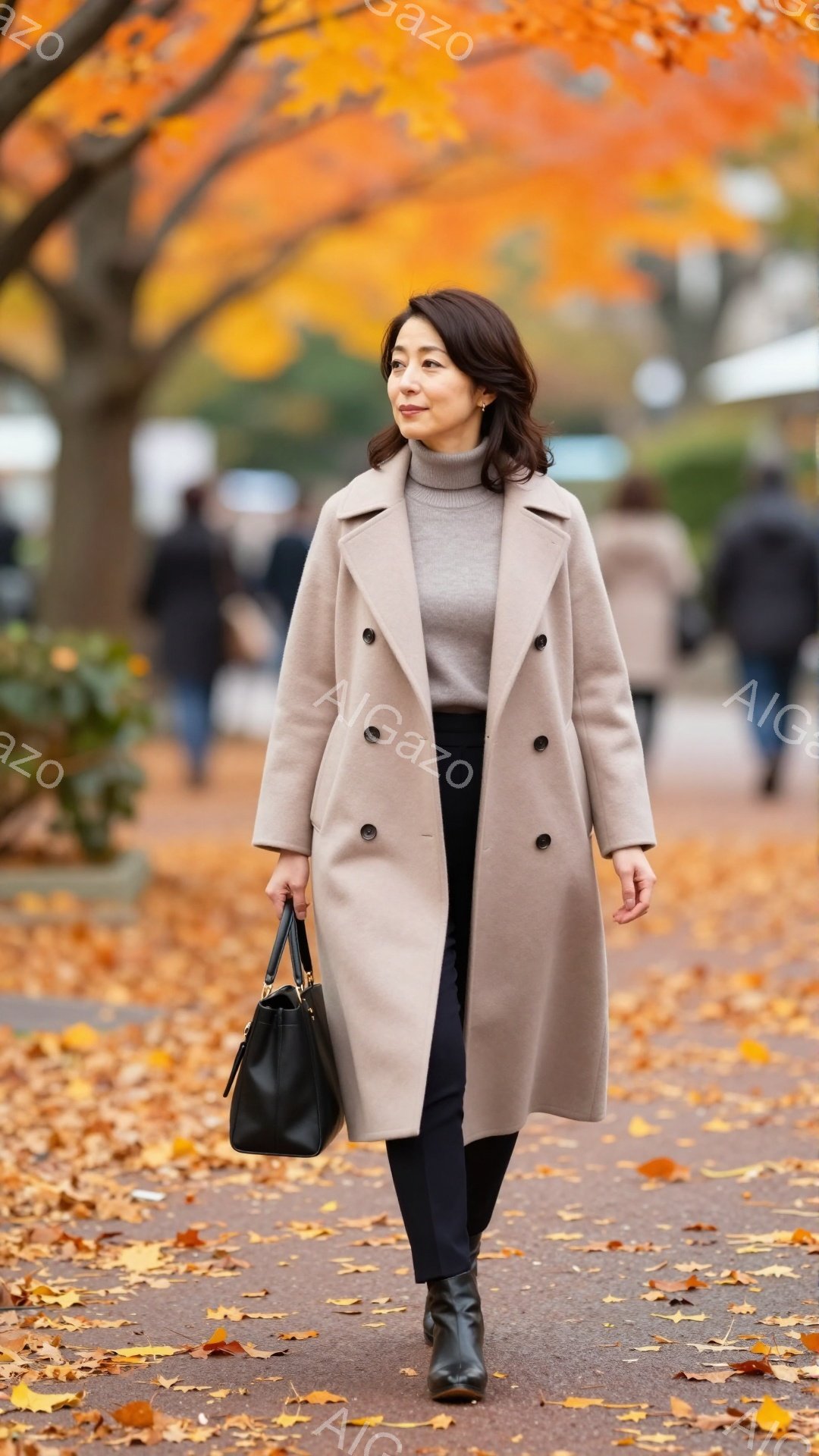 画像には、ベージュ色のロングコートを着た女性が写っています。彼女は黒いパンツとブーツを履き、黒いハンドバッグを持っています。背景には鮮やかな紅葉と遊歩道が広がり、秋の穏やかな雰囲気が漂っています。 - AI生成フリー素材
