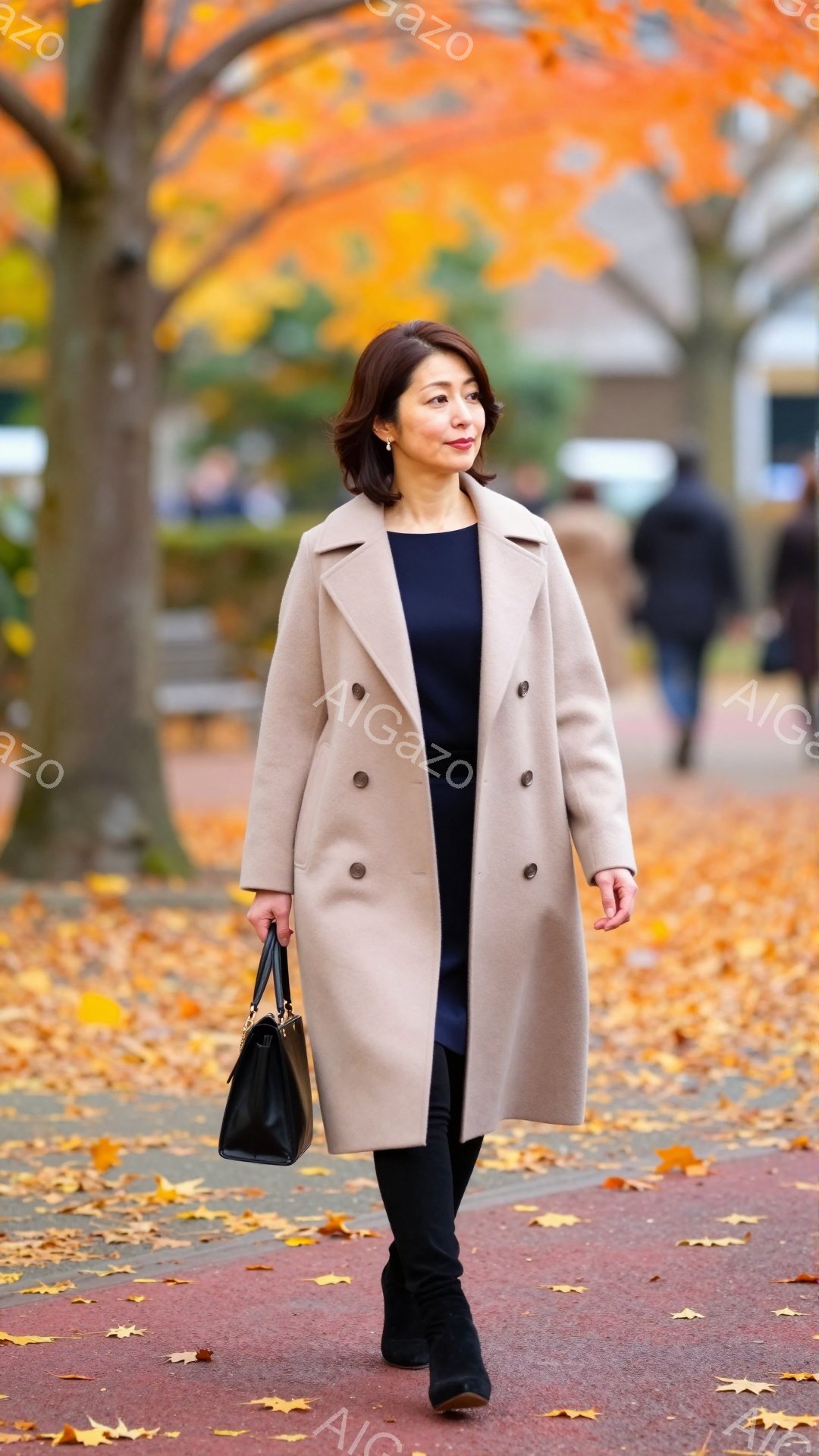 浅いベージュ色のコートを着た女性が、赤い土の道の上を歩いている。彼女は黒いタイツとブーツを履き、黒いハンドバッグを持っている。背景には、鮮やかな紅葉の木々とぼやけた建物が見え、秋の穏やかな雰囲気を醸し出している。